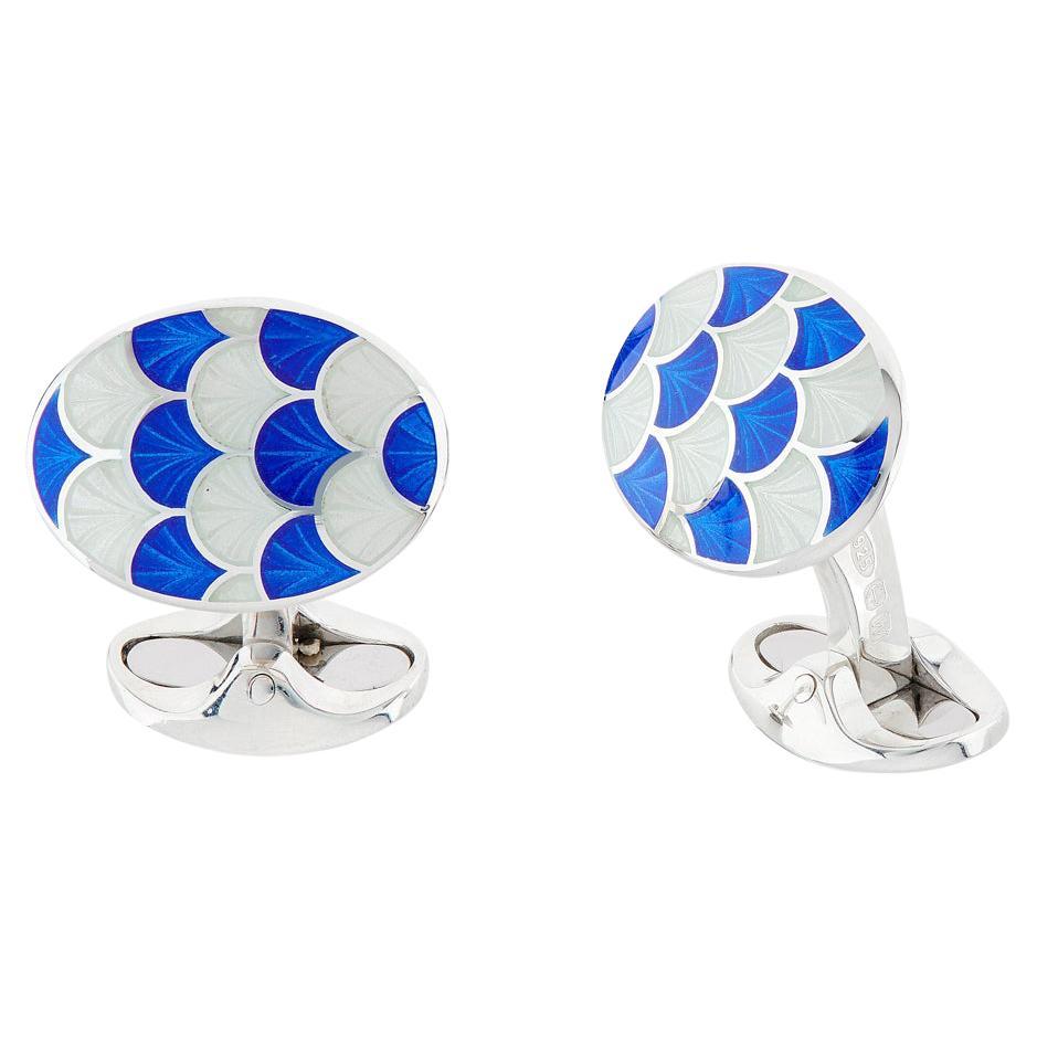 Deakin & Francis Sterling Silver Royal Blue and Clear Enamel Scallop Cufflinks