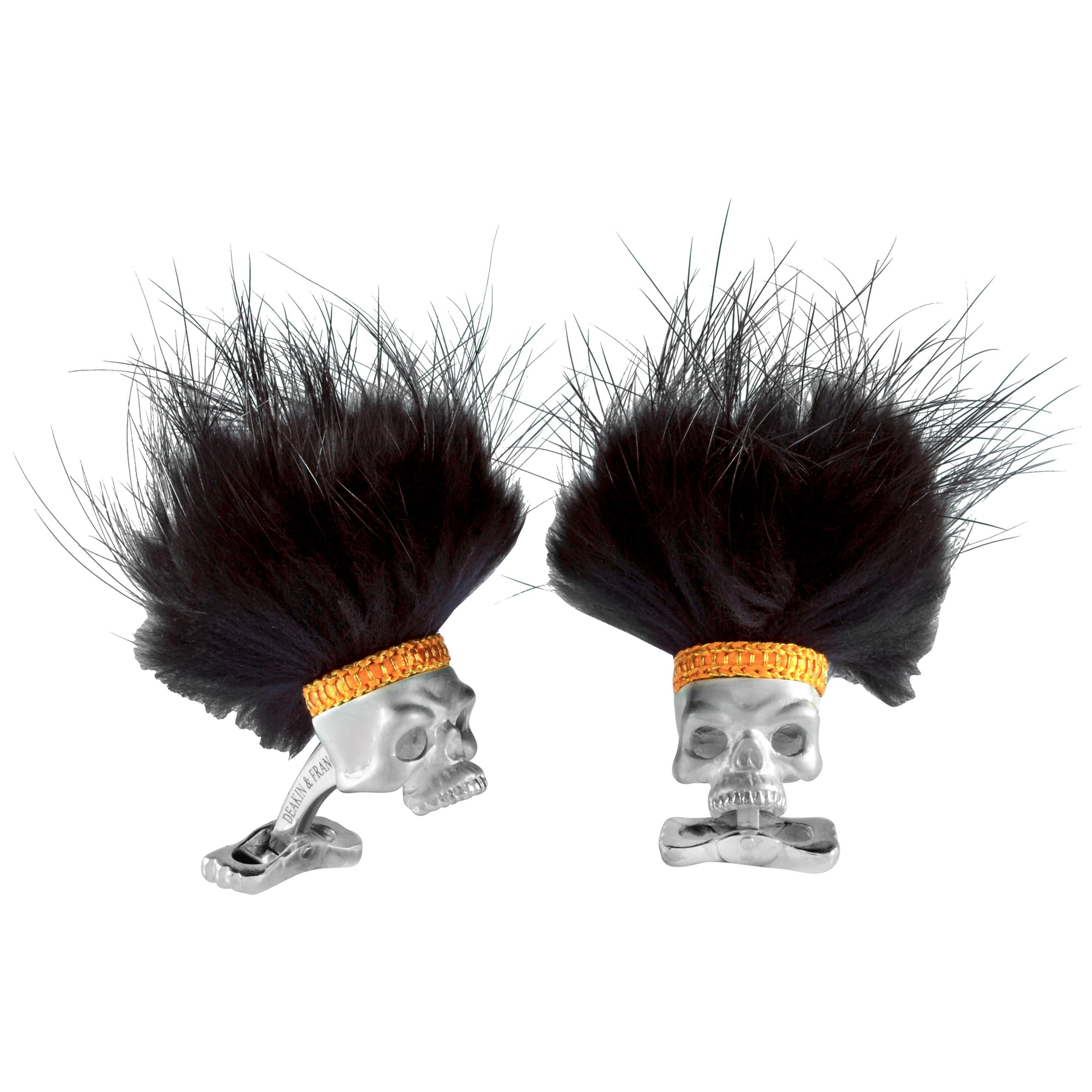 Deakin & Francis Sterling Silber Savage Schädel Manschettenknöpfe mit schwarzem Haar