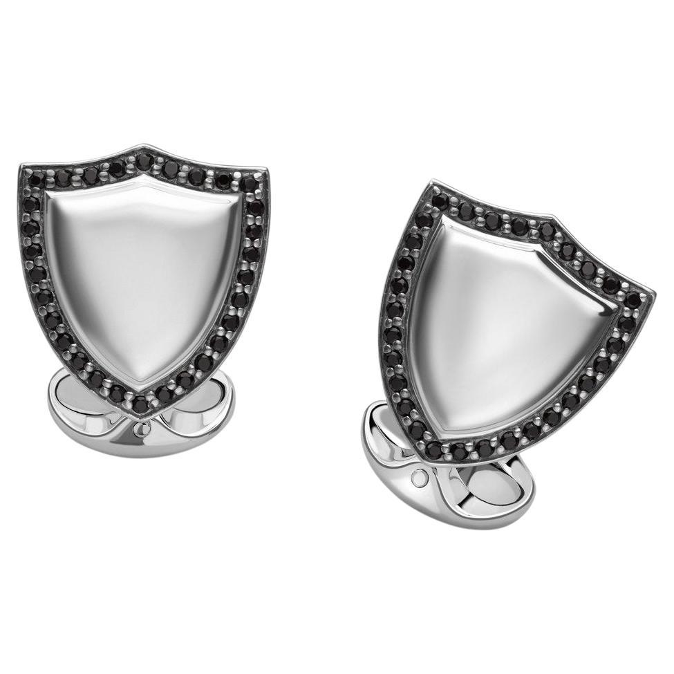 Deakin & Francis Sterling Silver Shield Cufflinks With Black Spinel Border For Sale