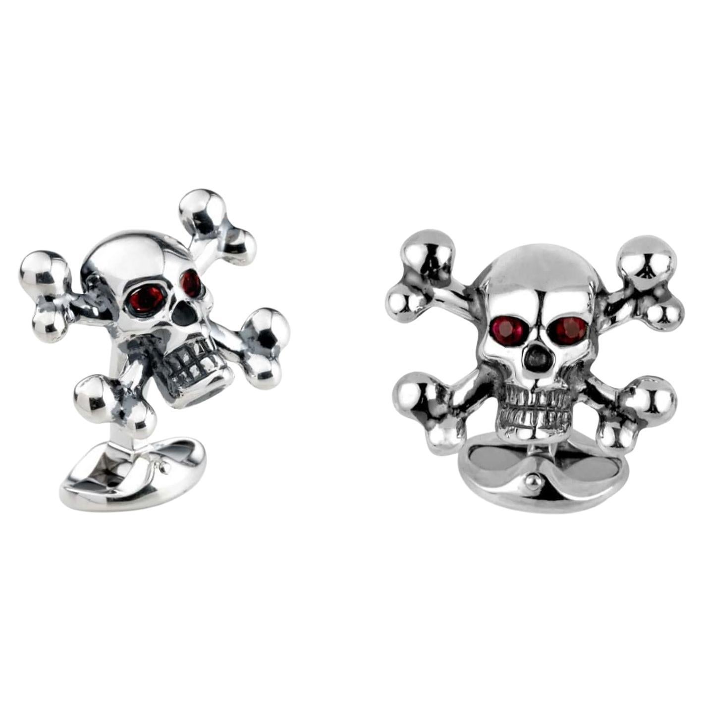 Deakin & Francis Sterling Silver Skull and Cross Bones with Ruby Eyes For Sale