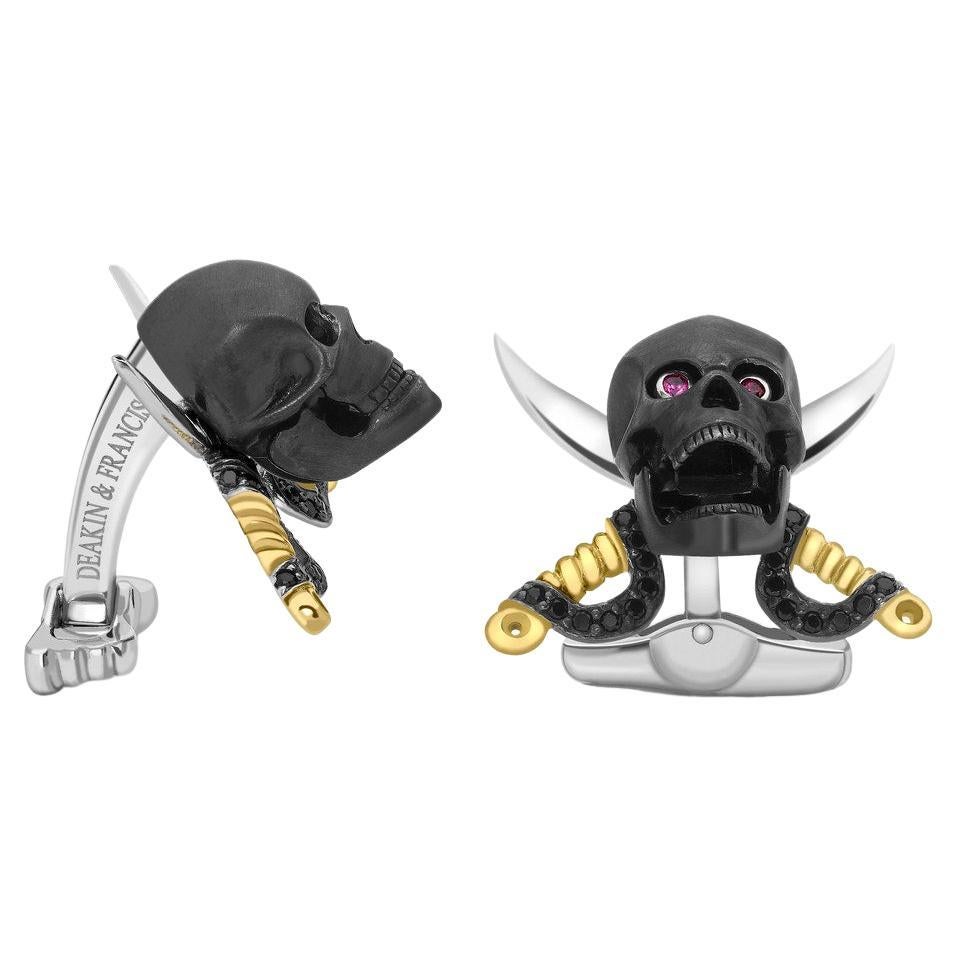 Deakin & Francis Sterling Silver Skull and Swords Cufflinks with Ruby Eyes For Sale