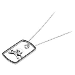 Deakin & Francis Sterling Silver Skull Tag Pendant with Black Spinel Border