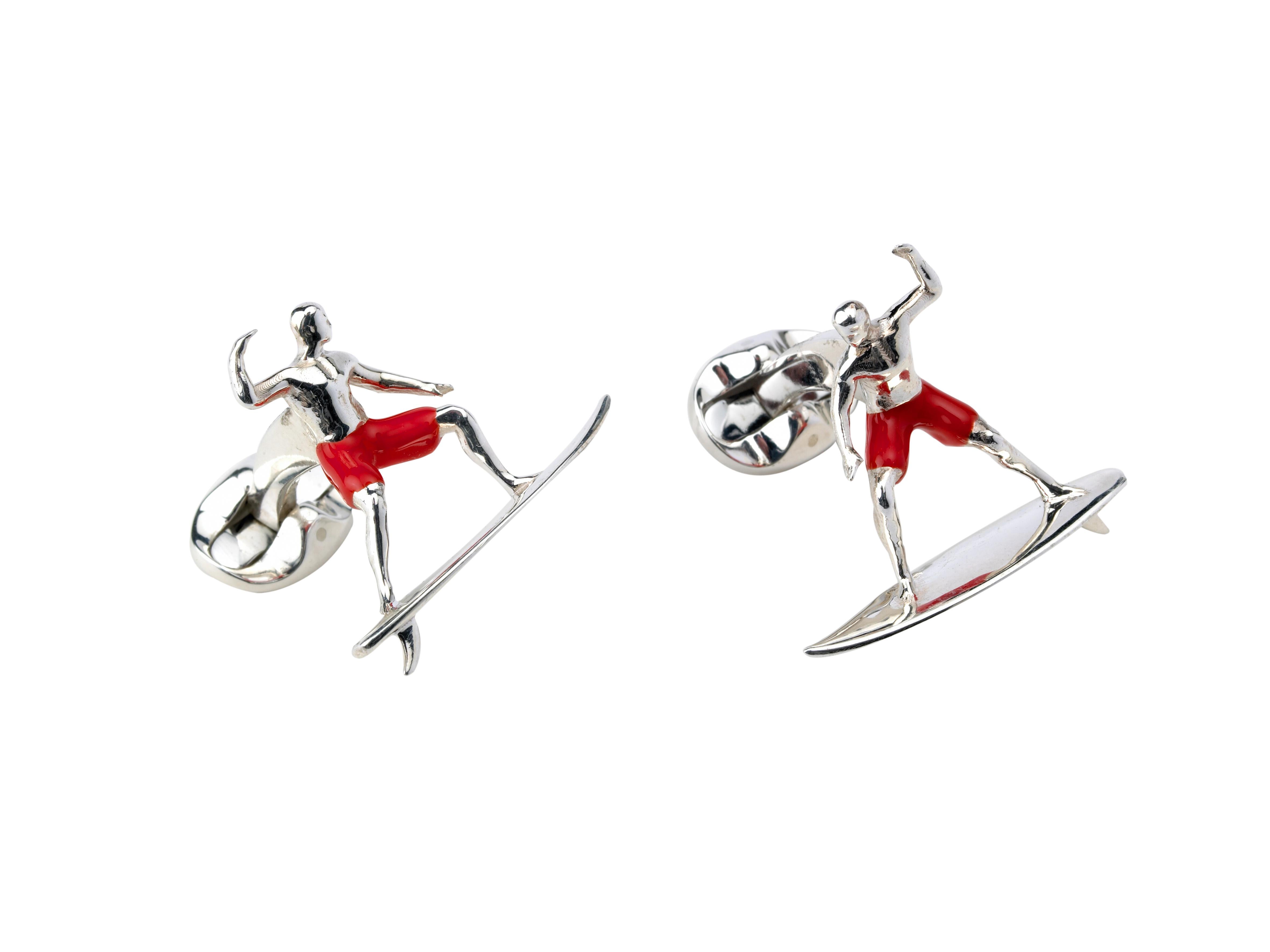 Contemporary Deakin & Francis Sterling Silver Surfer Cufflinks with Red Enamel Shorts