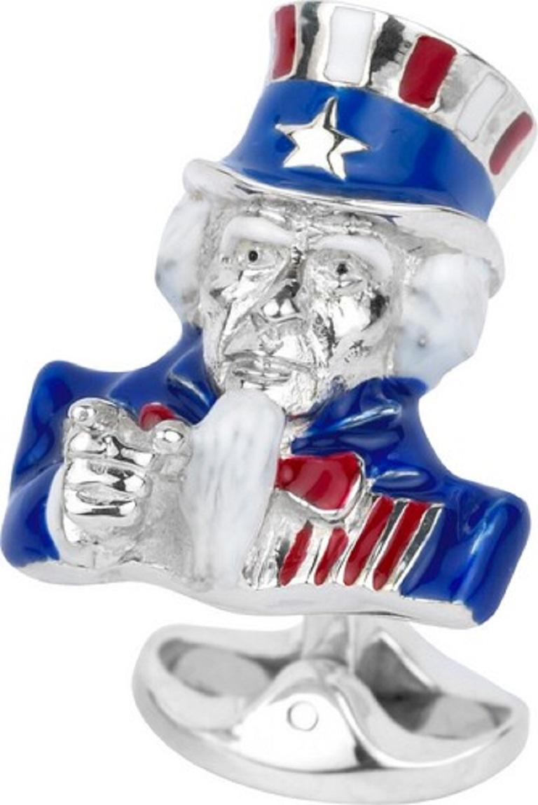 DEAKIN & FRANCIS, Piccadilly Arcade, London

These quirky Sterling Silver Uncle Sam cufflinks have a patriotic theme. The name Uncle Sam is linked to Samuel Wilson, a meat packer from New York working during the war of 1812. He supplied barrels of