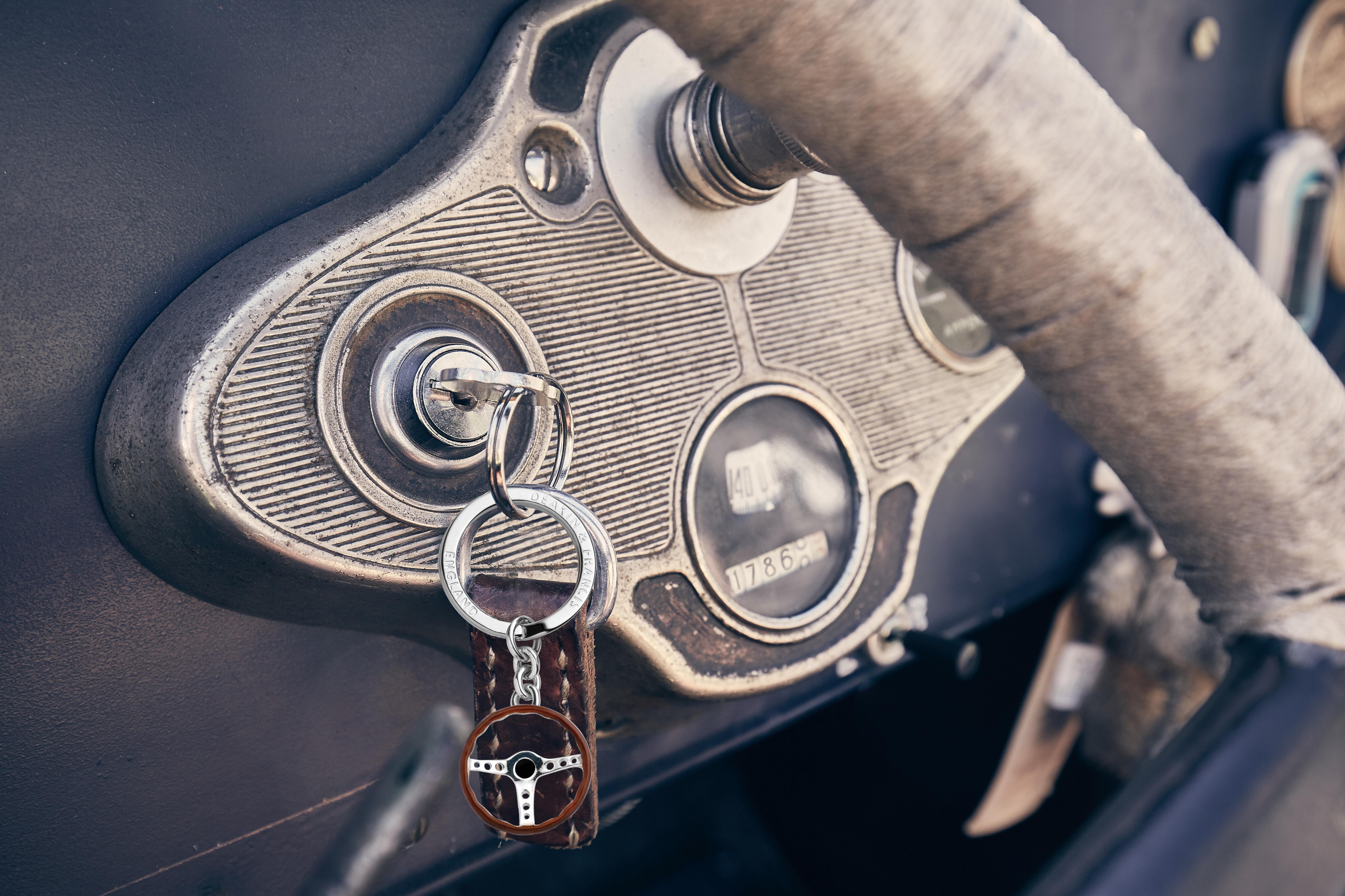 DEAKIN & FRANCIS, Piccadilly Arcade, London

Keep your keys safe in style. With fond memories of the vintage style cars, this best selling sterling silver vintage steering wheel keyring has a brown hand-enamel finish. Why not get the matching