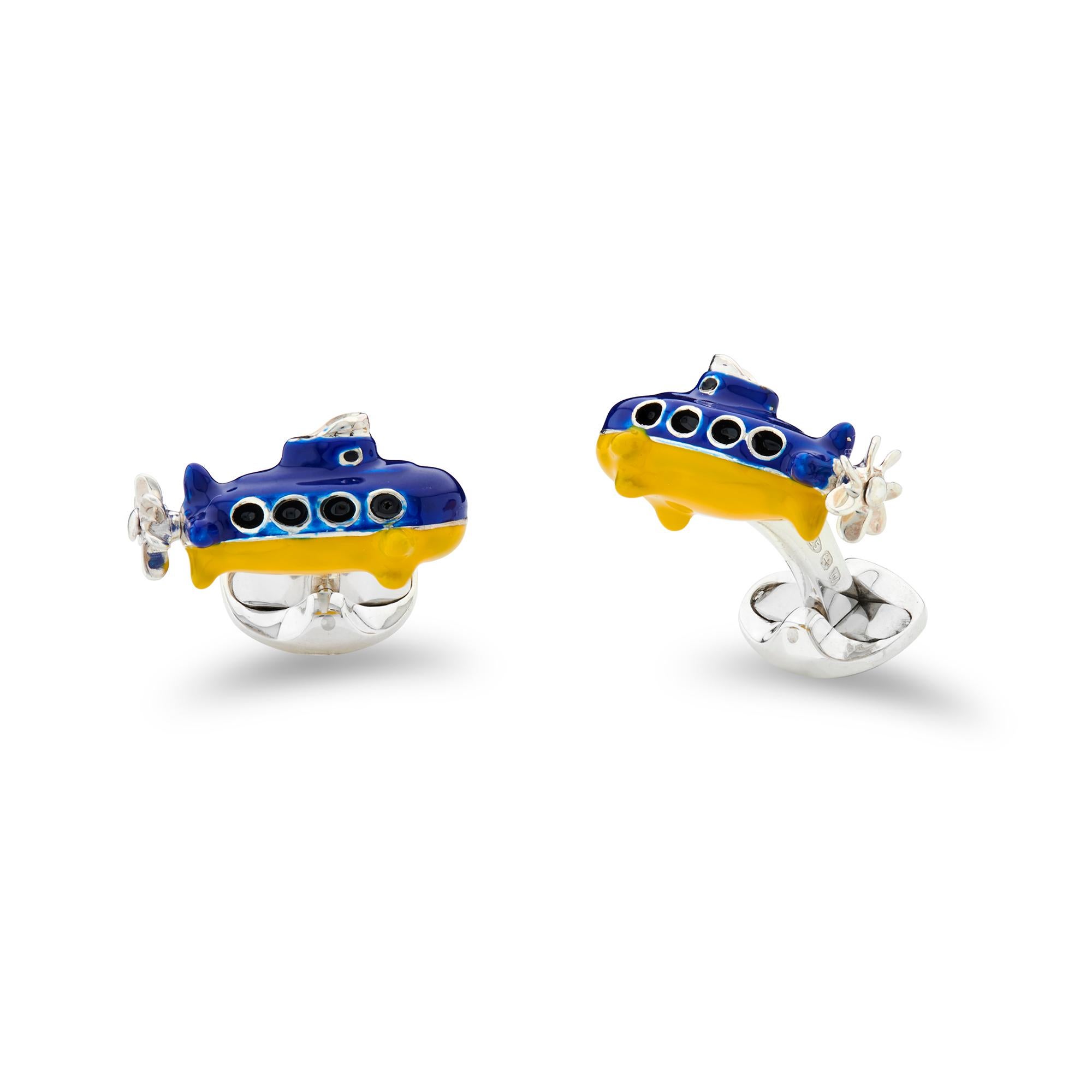 Deakin & Francis Sterling Silver Yellow and Blue Submarine Cufflinks In New Condition In Birmingham, West Midlands