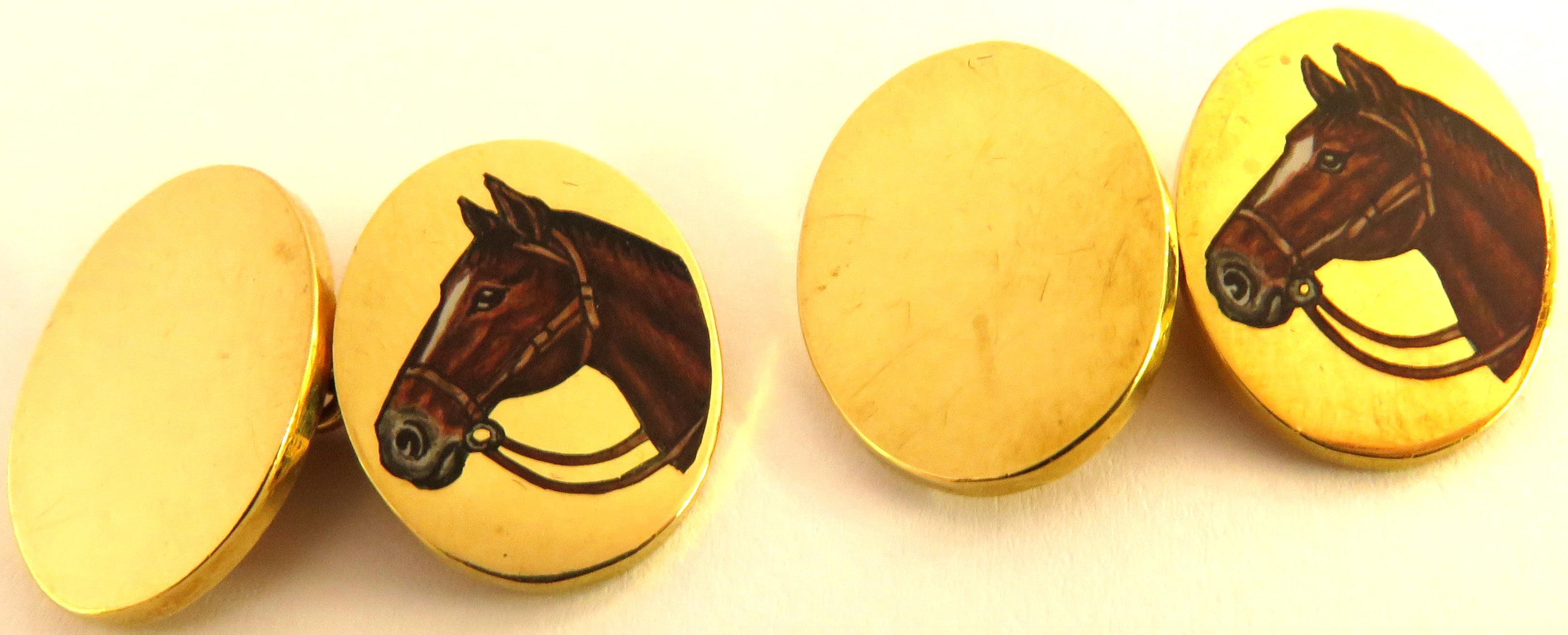 Art Deco Deakin & Francis Superbly Enameled 18 Karat Horse Head Double Sided Cufflinks For Sale