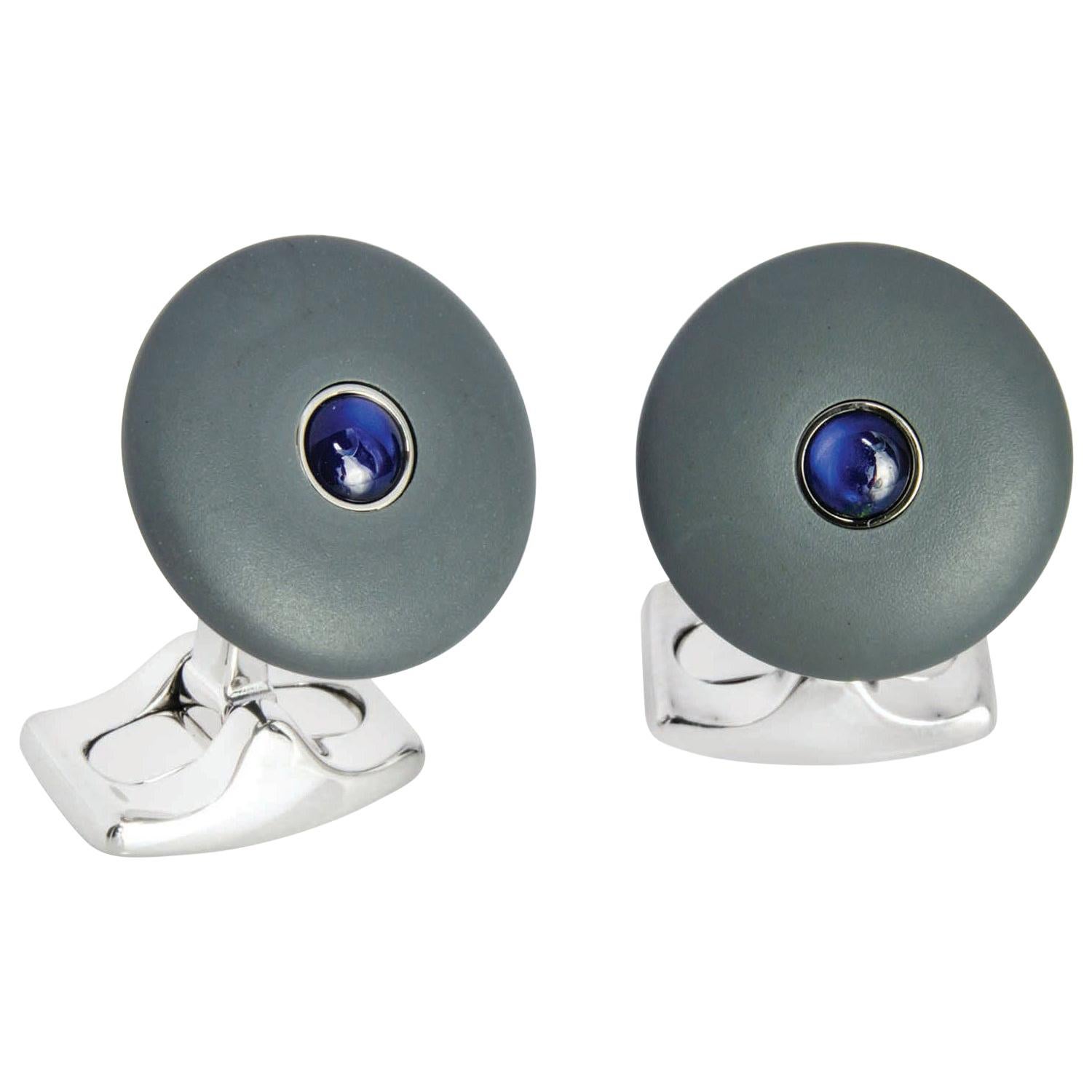 Deakin & Francis 'The Brights' Grey Round Cufflinks with Sapphire Centre For Sale