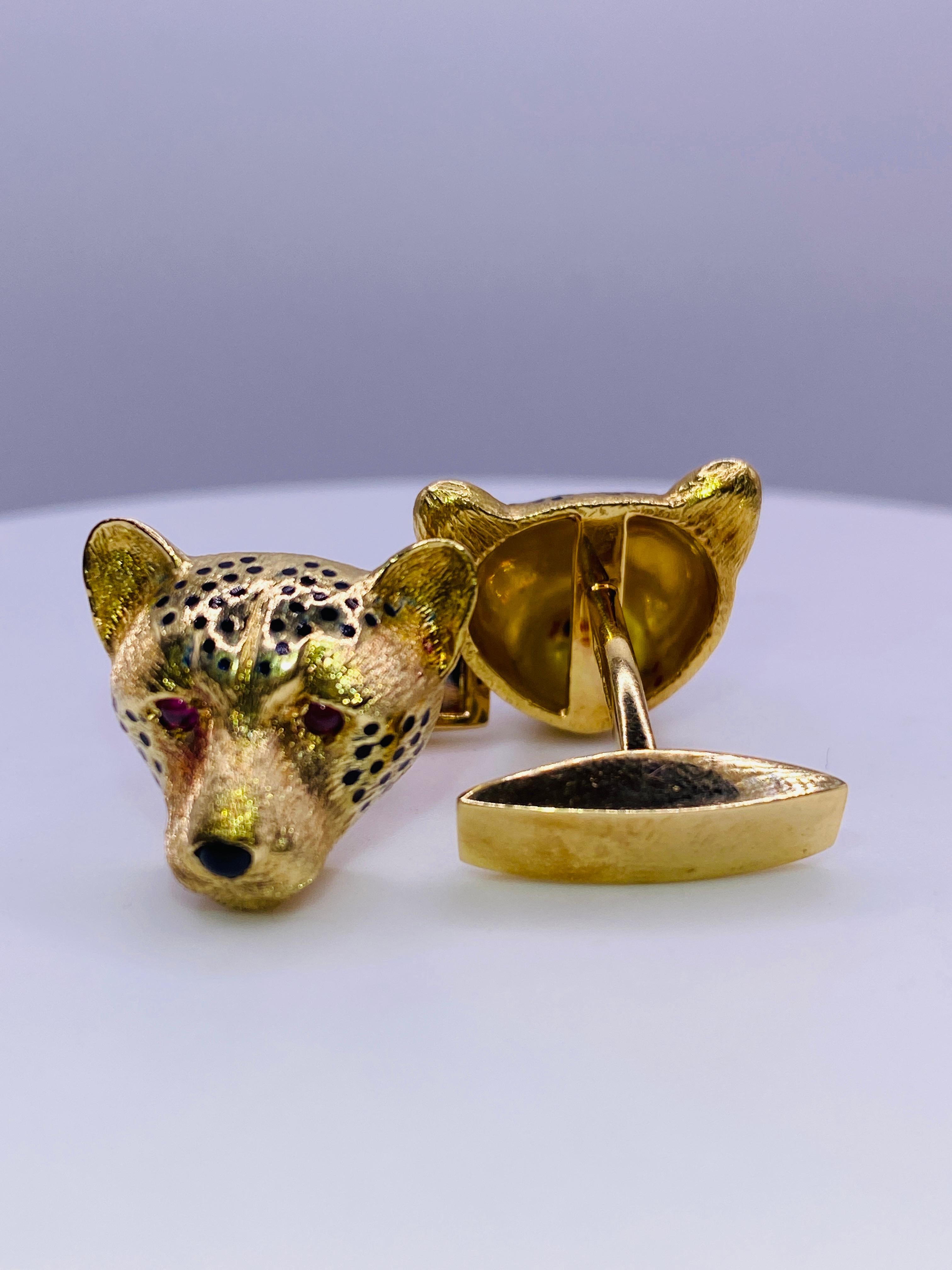 Round Cut Deakin & Francis Yellow Gold Enamel Ruby Leopard Cuff Links For Sale