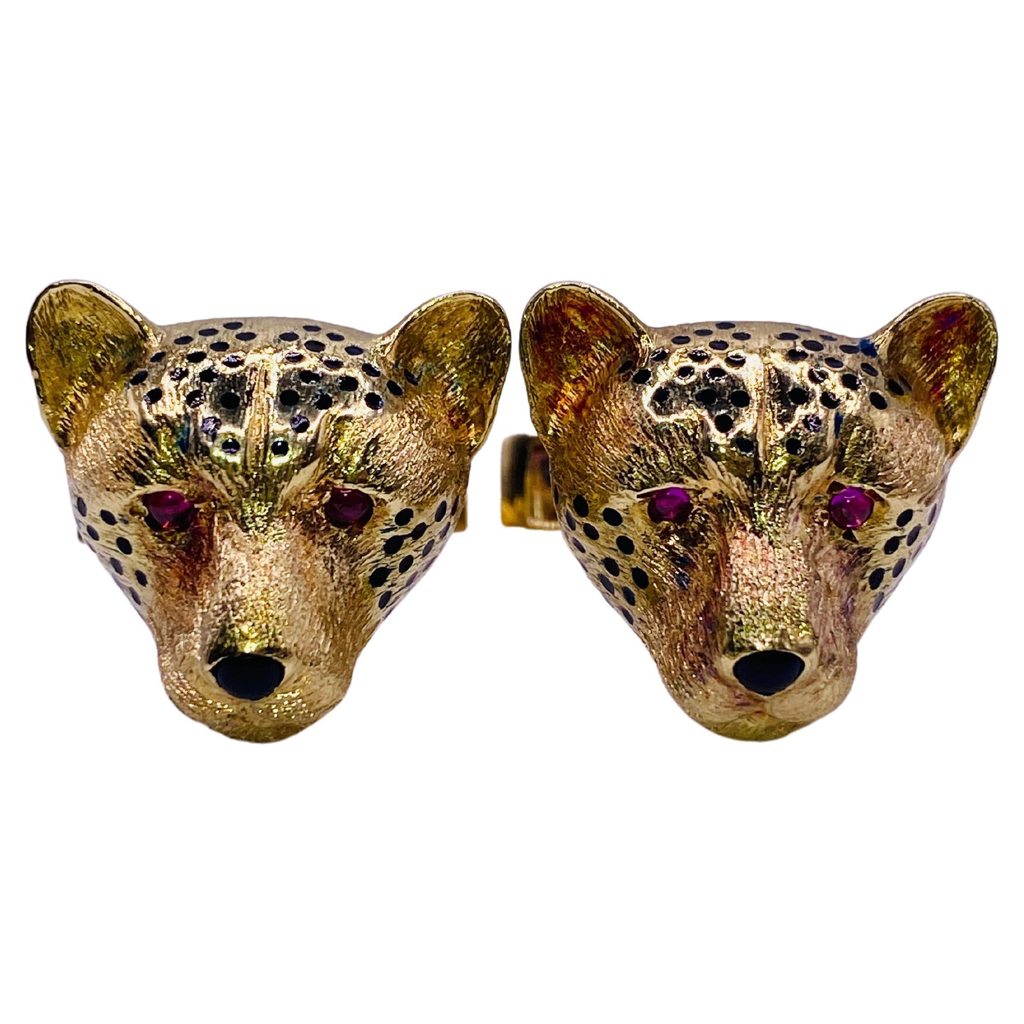 Deakin & Francis Yellow Gold Enamel Ruby Leopard Cuff Links For Sale