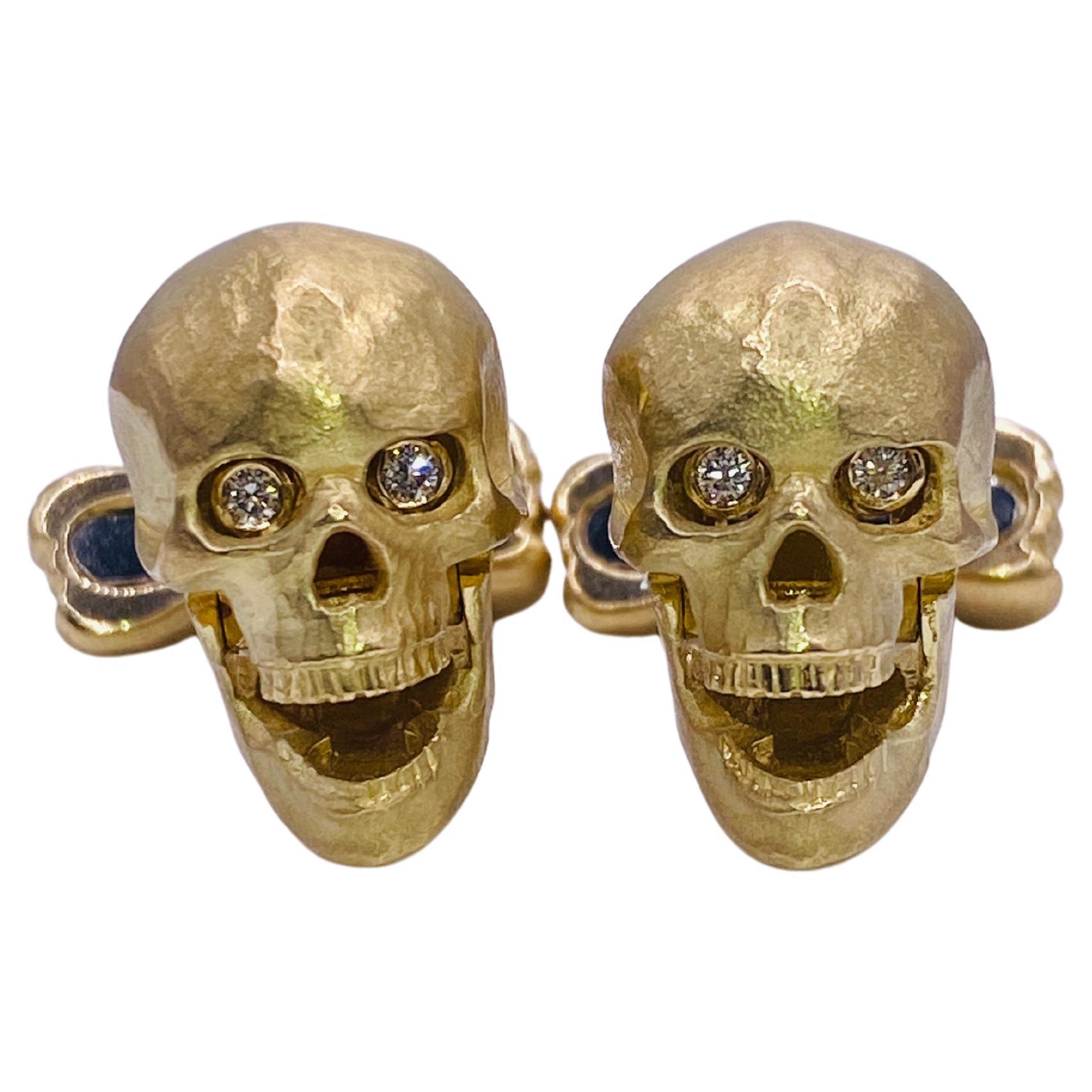 Deakin & Francis Yellow Gold Skull Cufflinks with Popping Diamond Eyes For Sale
