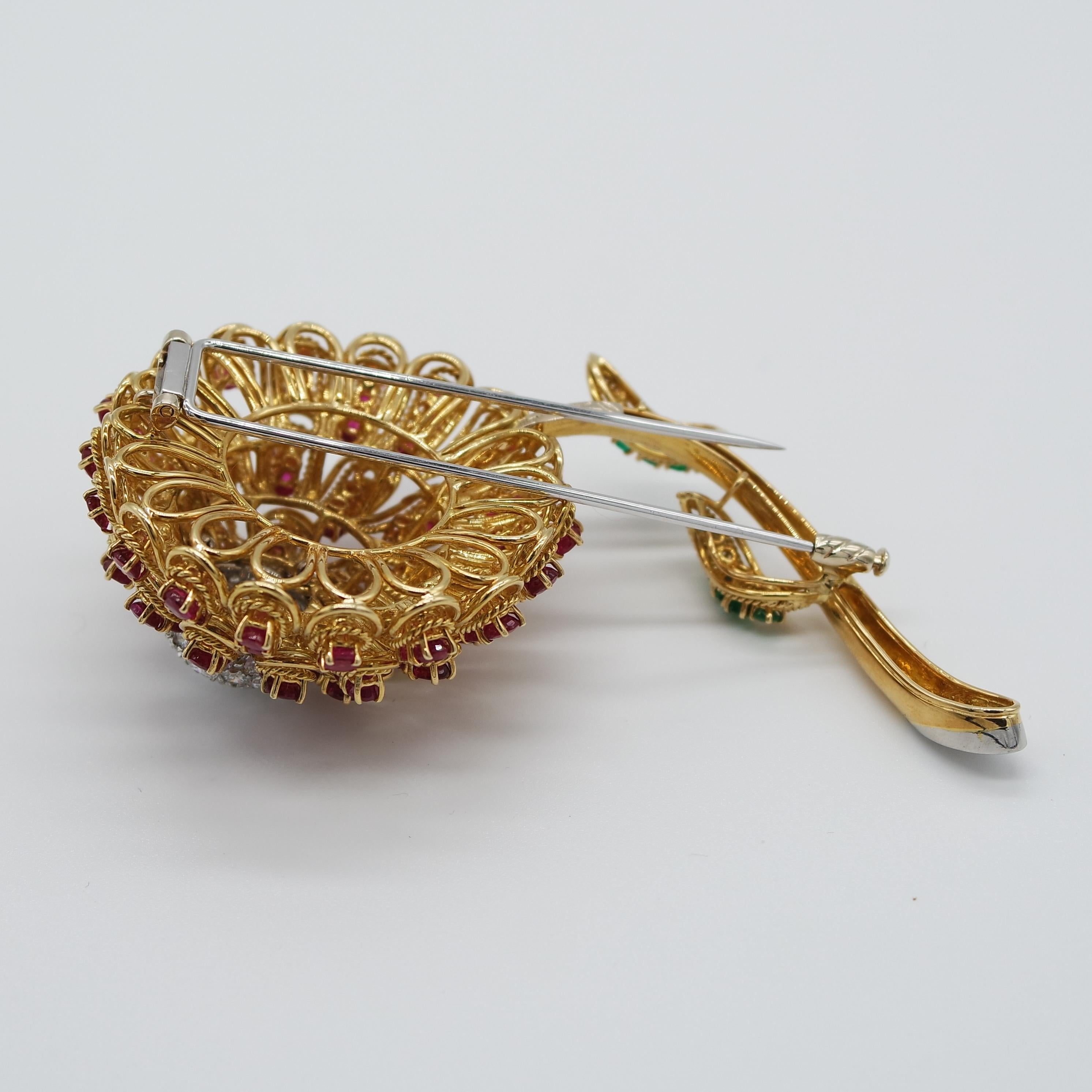 Modernist De Ambrogi Diamonds, Rubies, Emeralds, 18 Karat Gold and Platinum Flower Brooch