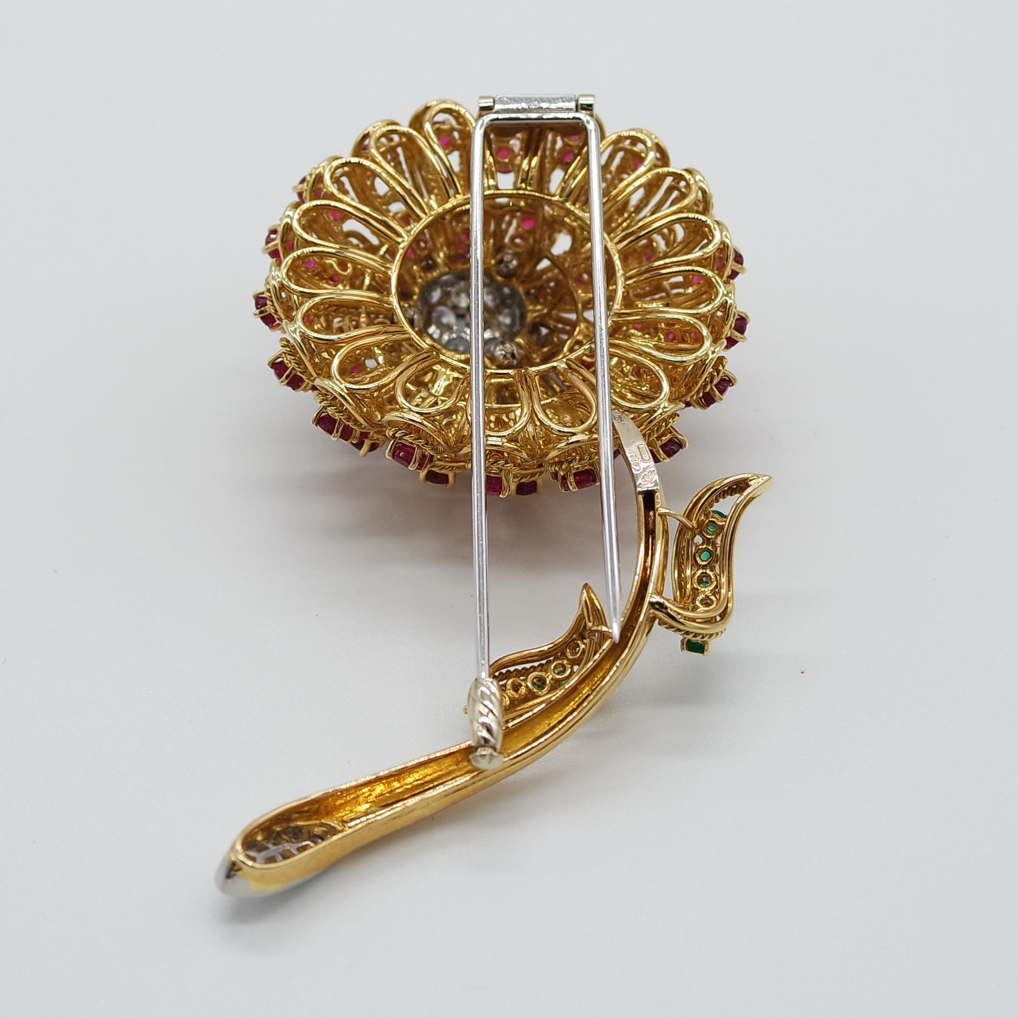 De Ambrogi Diamonds, Rubies, Emeralds, 18 Karat Gold and Platinum Flower Brooch In Excellent Condition In Crema, Cremona