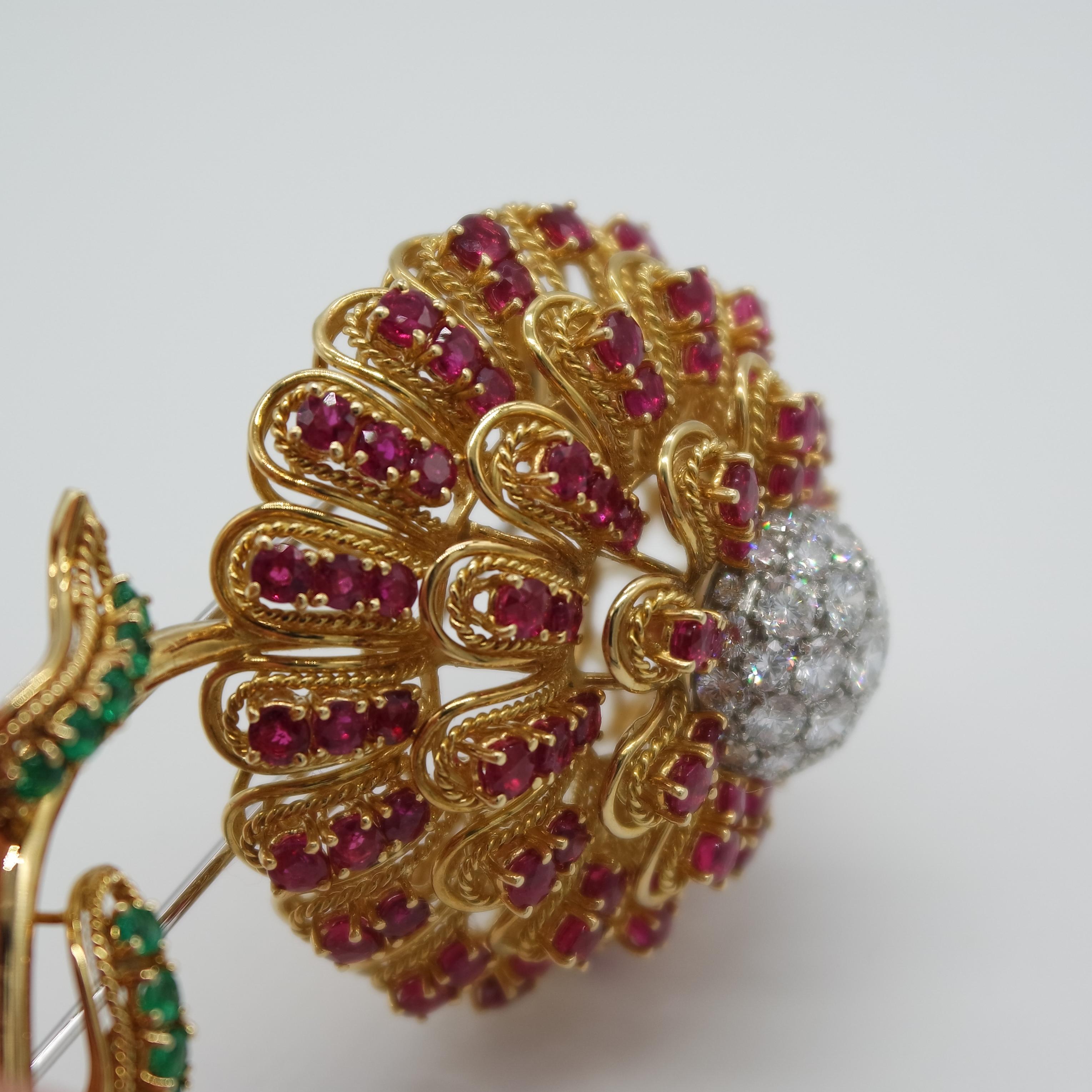 Women's or Men's De Ambrogi Diamonds, Rubies, Emeralds, 18 Karat Gold and Platinum Flower Brooch