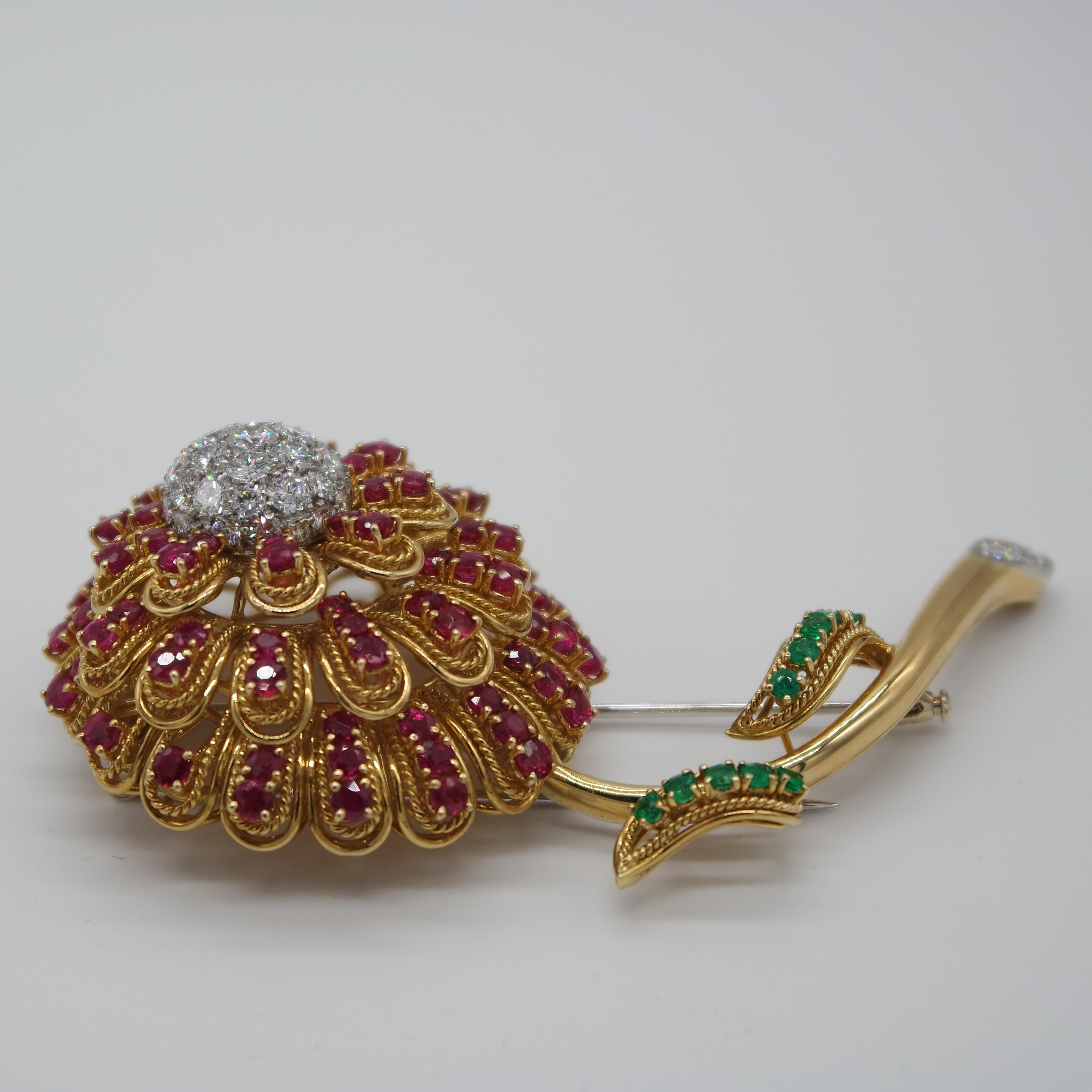 De Ambrogi Diamonds, Rubies, Emeralds, 18 Karat Gold and Platinum Flower Brooch 1