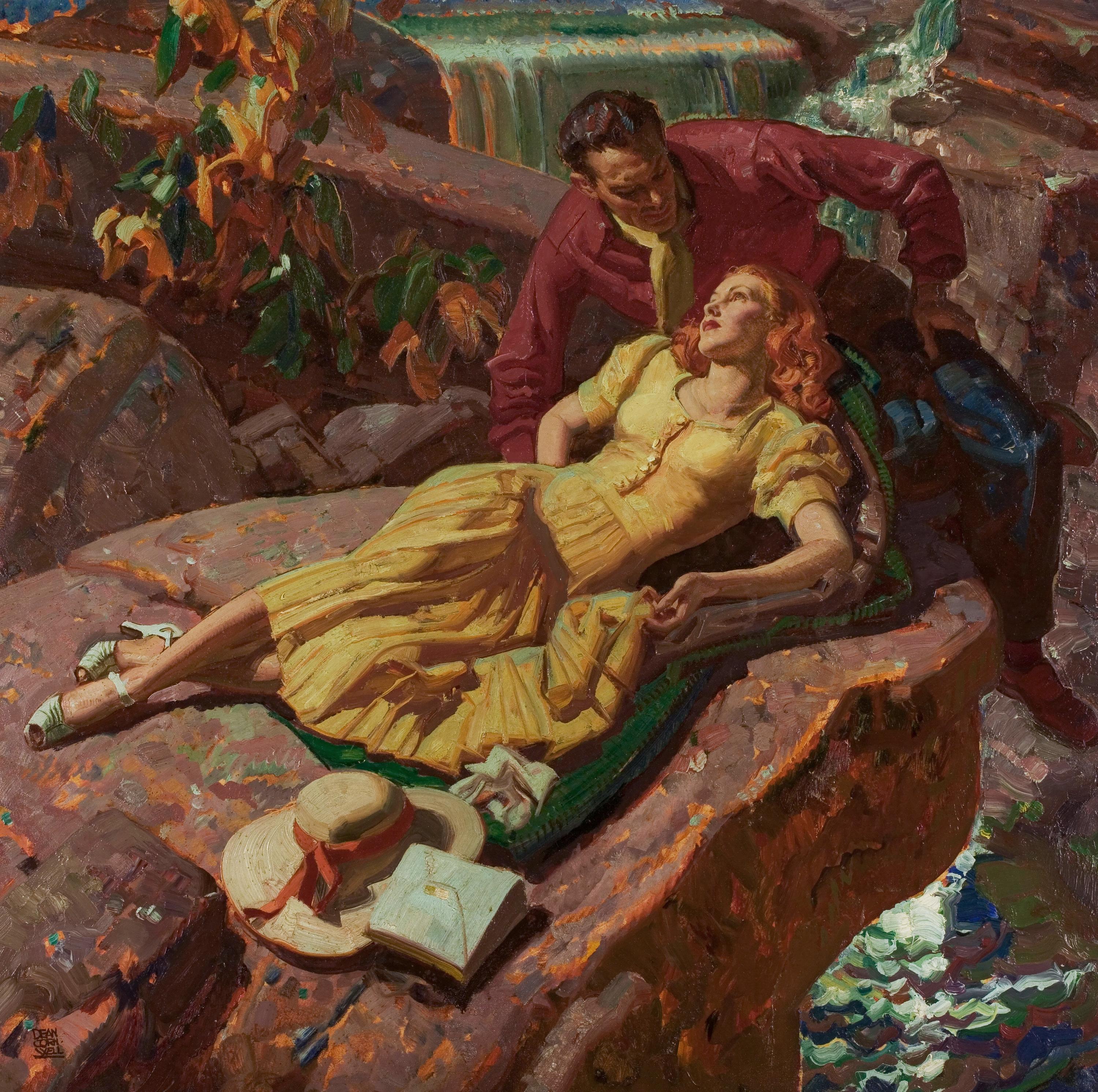 Dean Cornwell Figurative Painting - Art Deco Painting Romantic Couple on Rocks