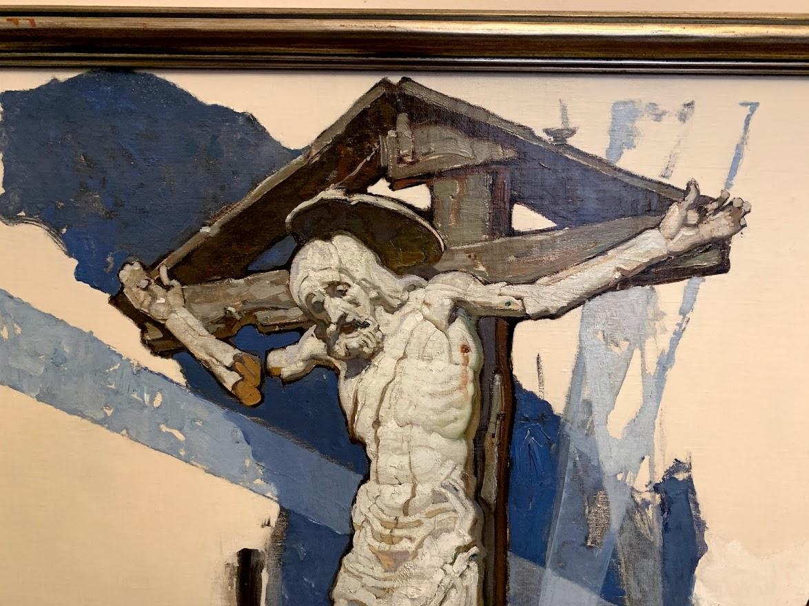 Dean Cornwell, l'un des illustrateurs les plus célèbres du début du 20e siècle.
Sans titre (Crucifixion sur le champ de bataille)
initiales DC (centre gauche), huile sur toile, encadré
toile : 33 ½ par 47 ½ pouces (85,1 par 120,6 cm)
encadré : 94 cm