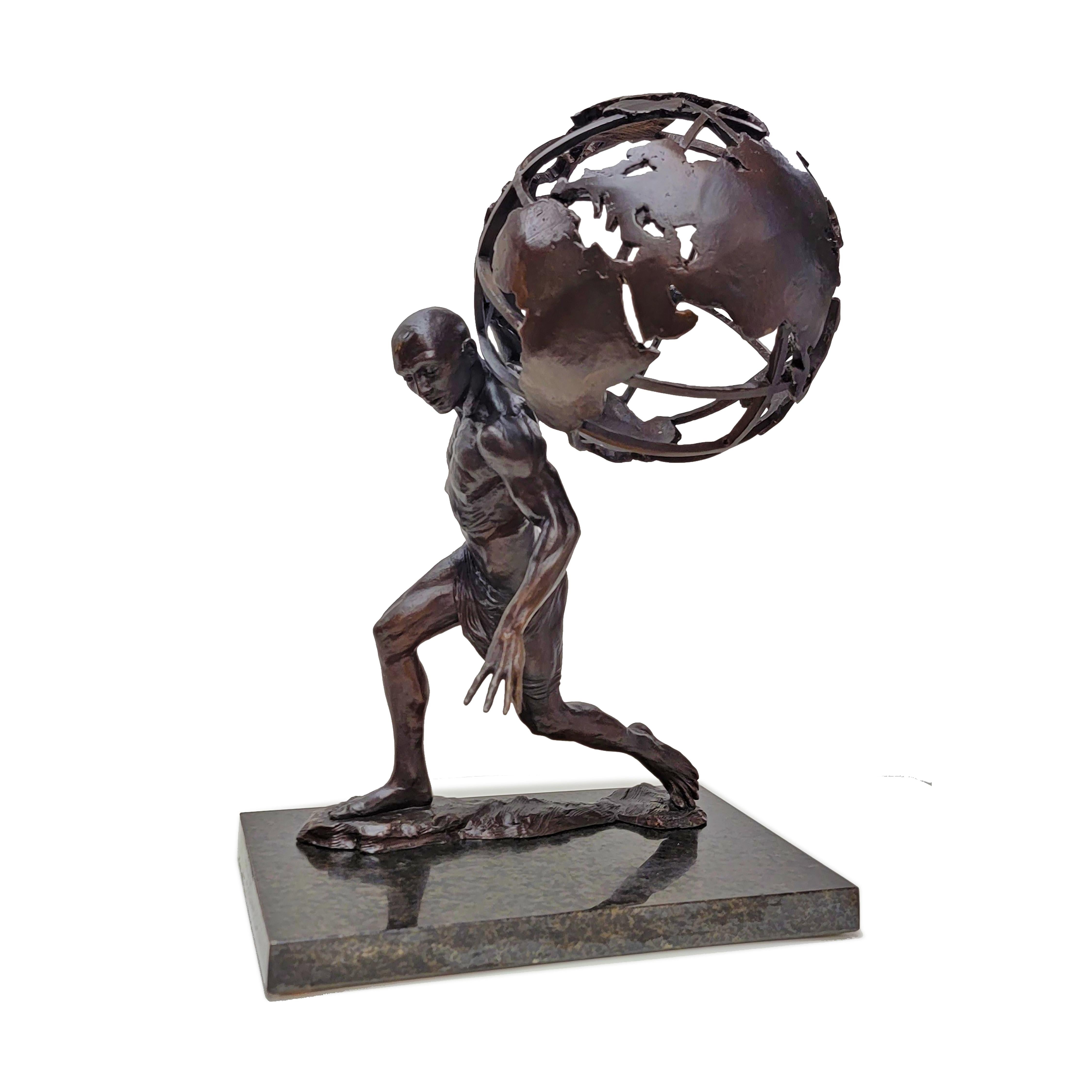 Atlas Shrugged – von der griechischen Mythologie inspirierte Bronzeskulptur auf Granitsockel