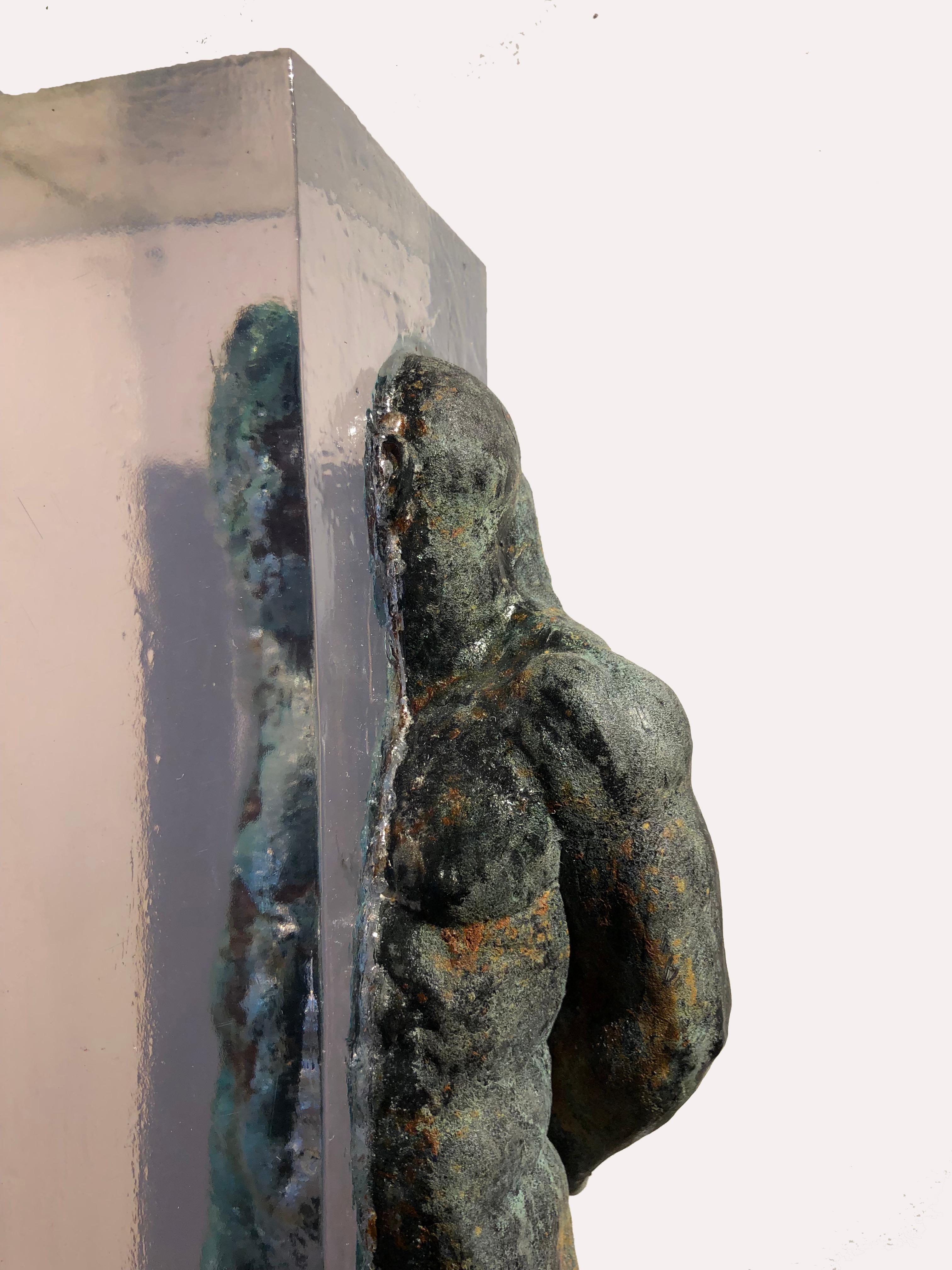 Embedded Slave - After Michelangelo, Sculpture Half Embedded in Clear Resin - Gold Nude Sculpture by Dean Kugler