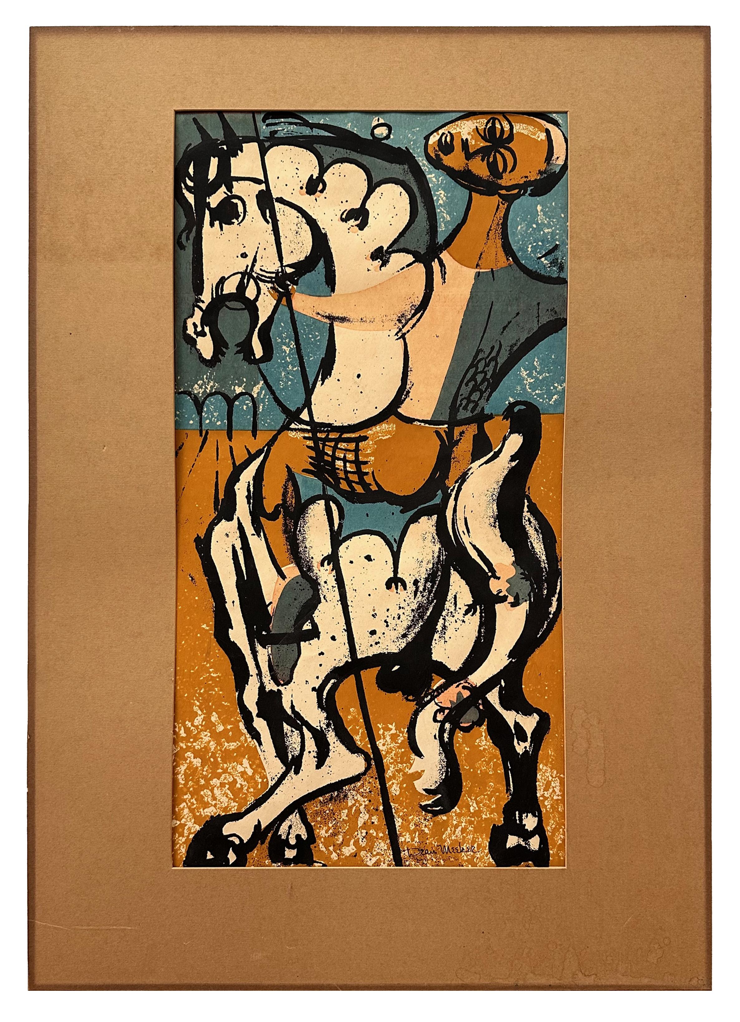 A powerful and graphic work by renowned American artist and printmaker Dean Meeker (1920–2002), this mid-century lithograph captures the dynamic energy of a stylized horse and rider rendered in bold contours and a rich palette of ochre, slate blue,