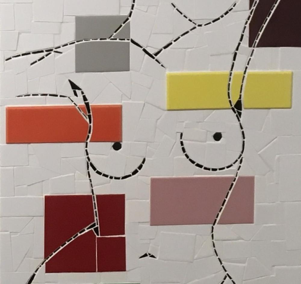 Figura fragmentada, mosaico de azulejos,  medios mixtos,  Mujer, Figura - Figurative Painting Gris de Dean Moore