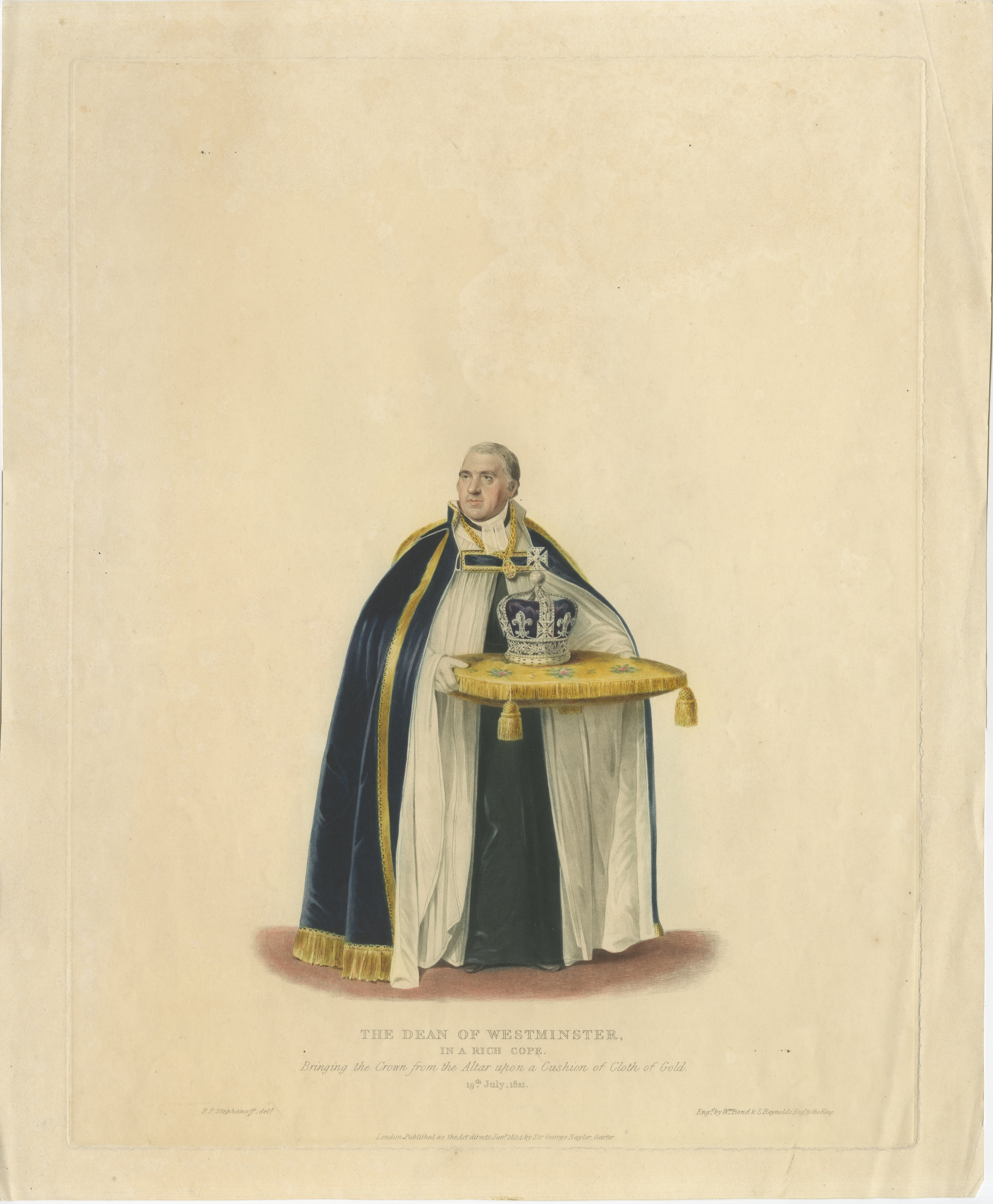 Der Dekan von Westminster bringt die Krone - Krönung von Georg IV., 1821 - Stipple und Mezzotinto in Farben von Sir George Naylor

Ein fein ausgeführter, farbenprächtiger Stipp- und Schabkunststich, der den Dekan von Westminster in einem prächtigen