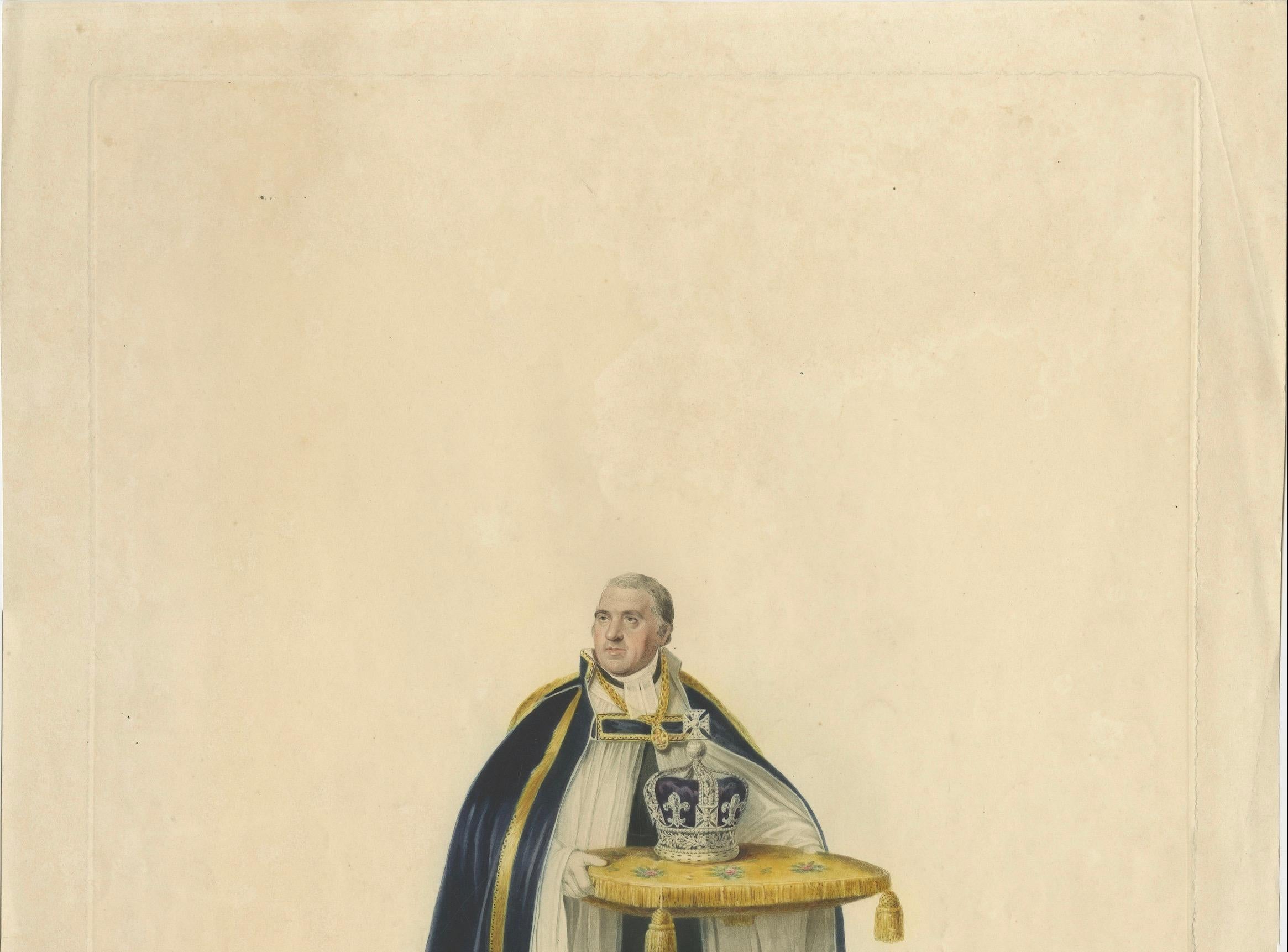 Der Dekan von Westminster bringt die Krone - Krönung von Georg IV., 1824 Kupferstich (Englisch) im Angebot