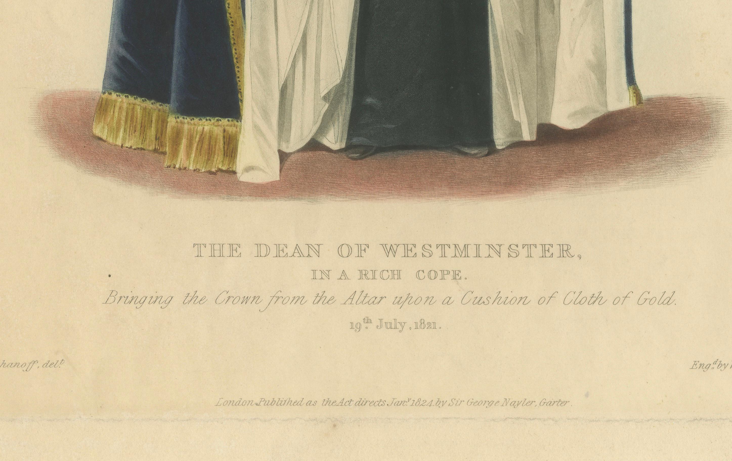 Der Dekan von Westminster bringt die Krone - Krönung von Georg IV., 1824 Kupferstich (Graviert) im Angebot