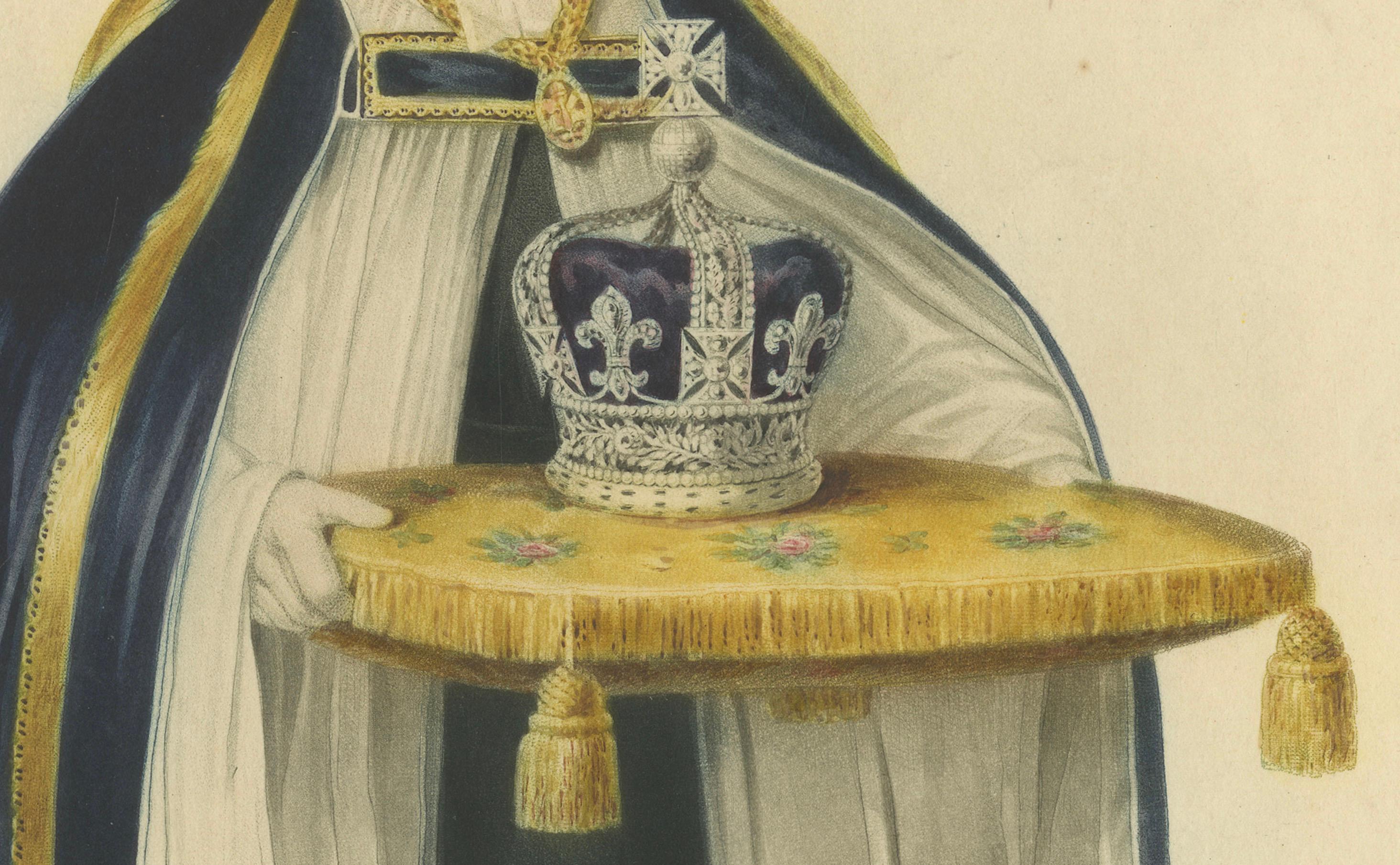 Der Dekan von Westminster bringt die Krone - Krönung von Georg IV., 1824 Kupferstich im Zustand „Gut“ im Angebot in Langweer, NL