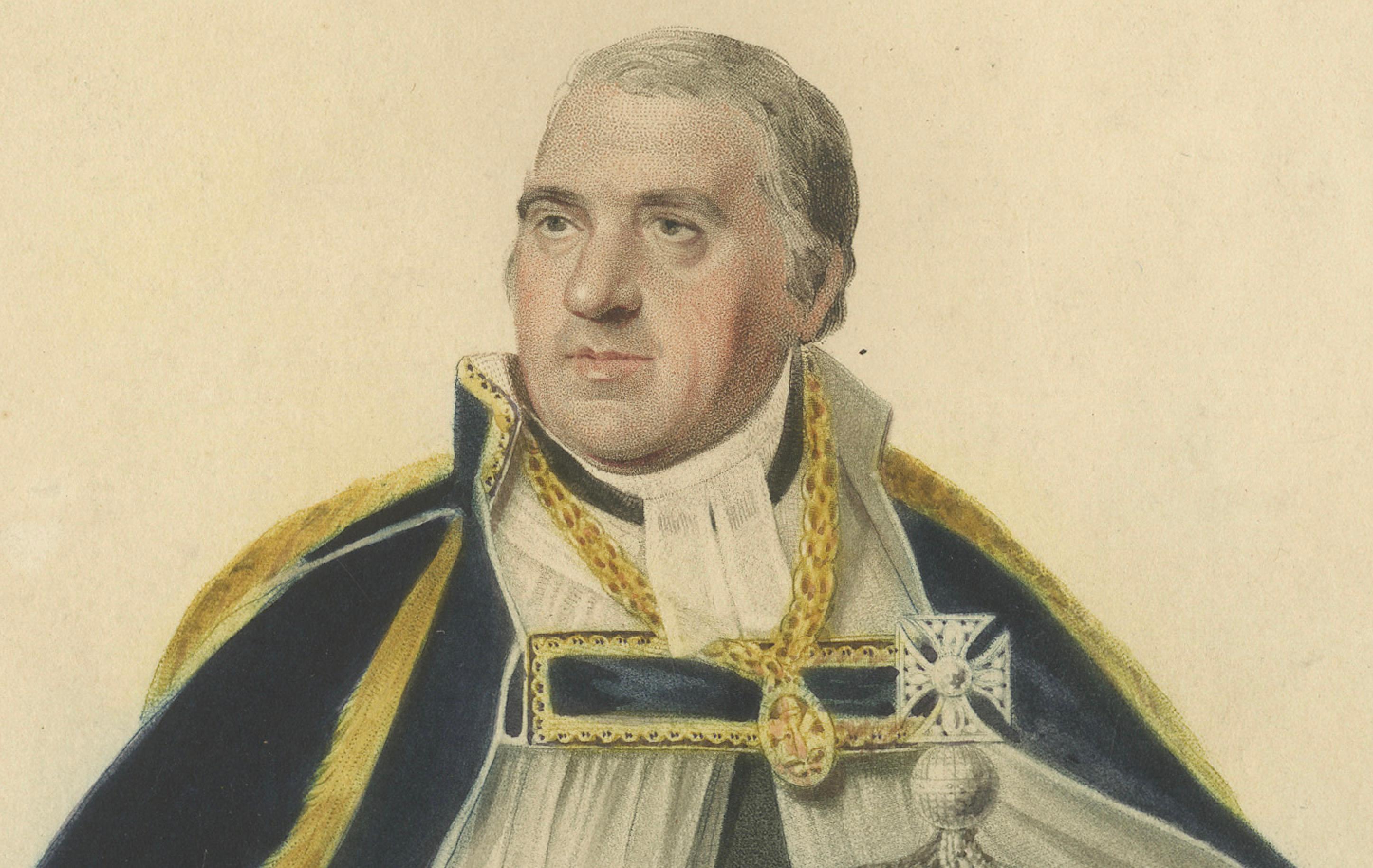 Der Dekan von Westminster bringt die Krone - Krönung von Georg IV., 1824 Kupferstich (19. Jahrhundert) im Angebot