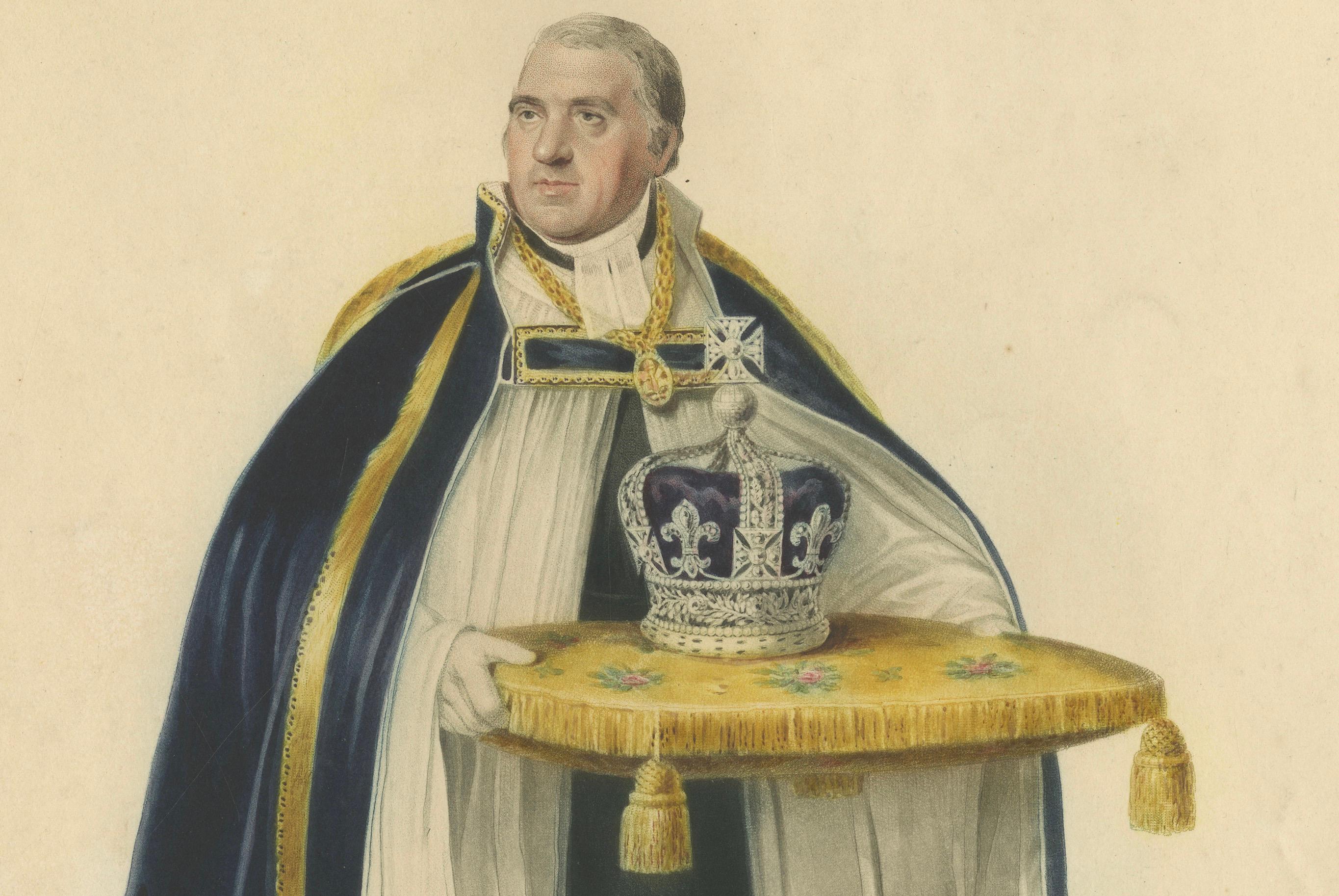 Der Dekan von Westminster bringt die Krone - Krönung von Georg IV., 1824 Kupferstich (Papier) im Angebot