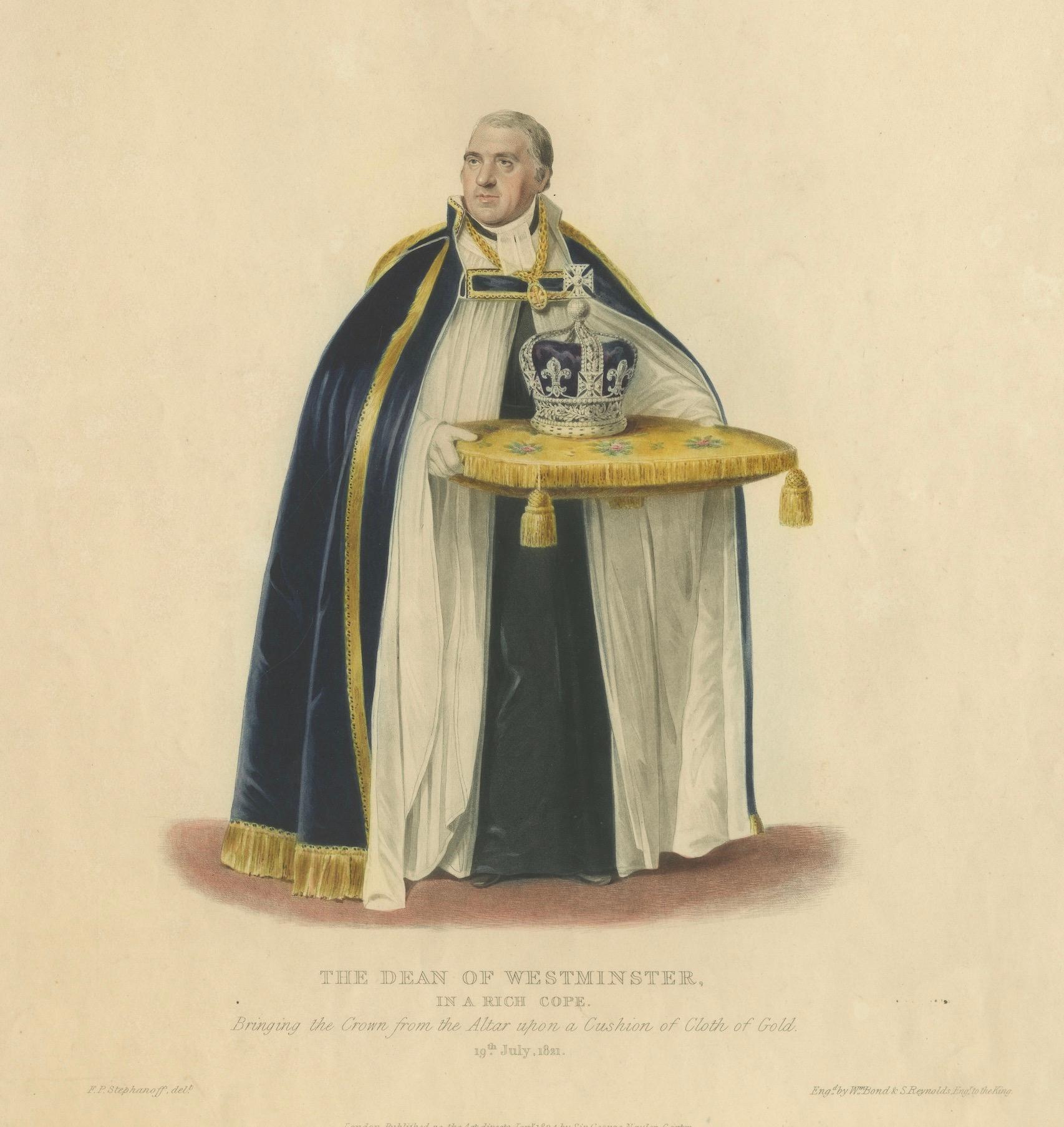 Der Dekan von Westminster bringt die Krone - Krönung von Georg IV., 1824 Kupferstich im Angebot 1