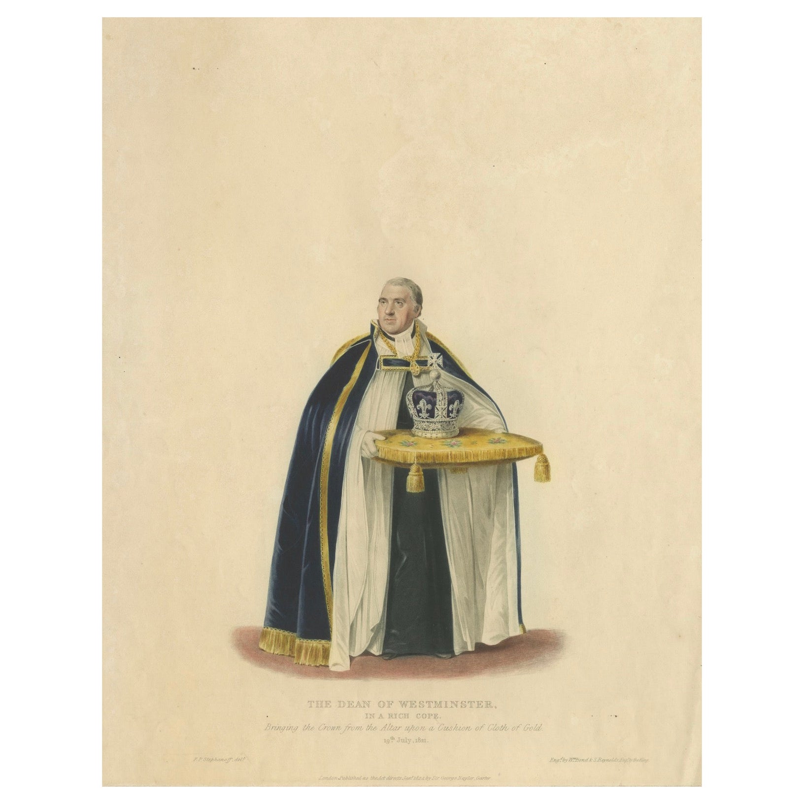 Der Dekan von Westminster bringt die Krone - Krönung von Georg IV., 1824 Kupferstich im Angebot