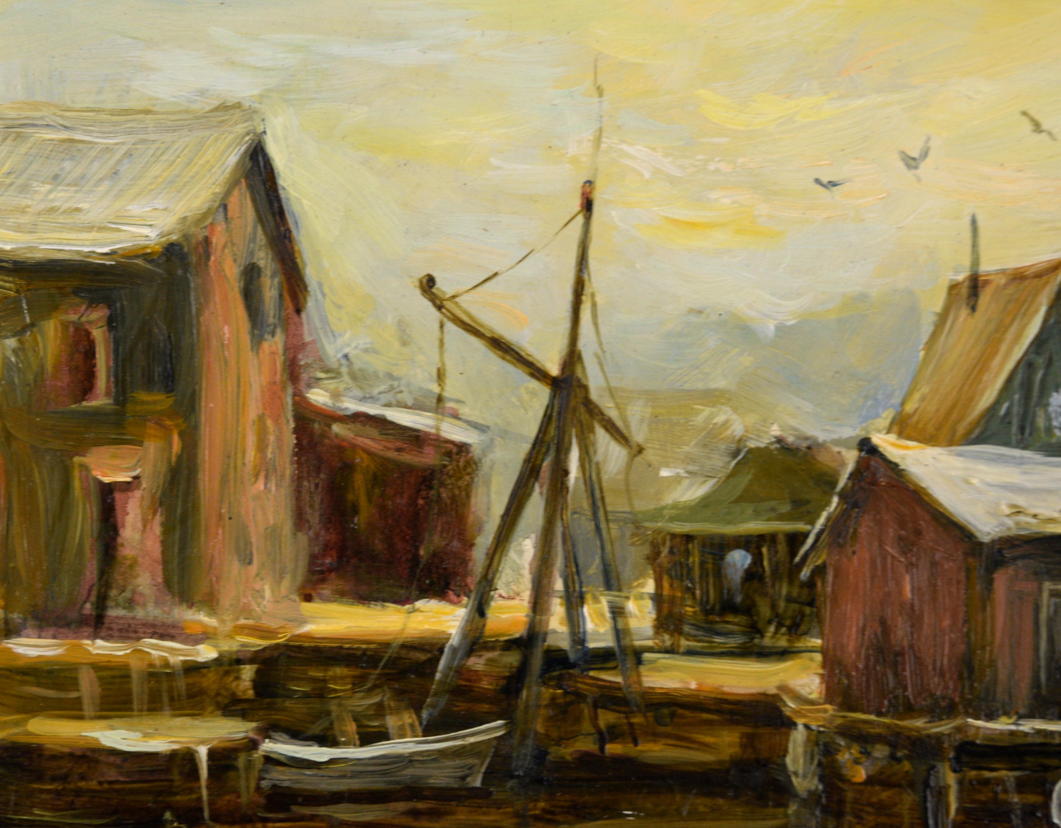At the Docks, Plein Air Seascape - Painting by Dean Packer