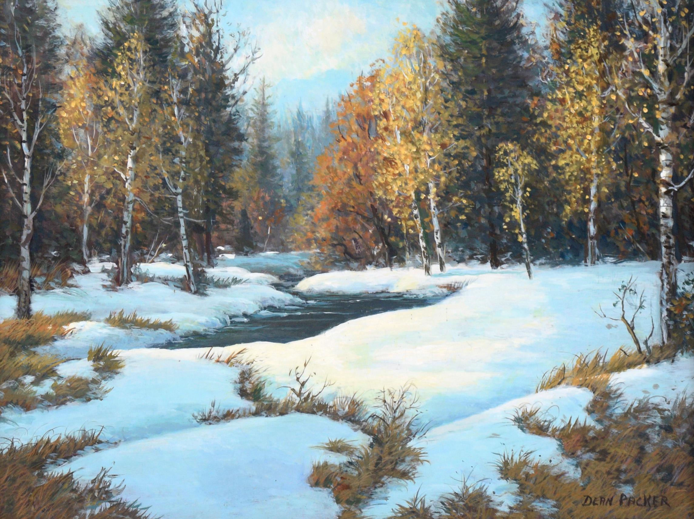 Snowy Creek in Hope Valley - Landscape in Oil on Masonite - Painting by Dean Packer