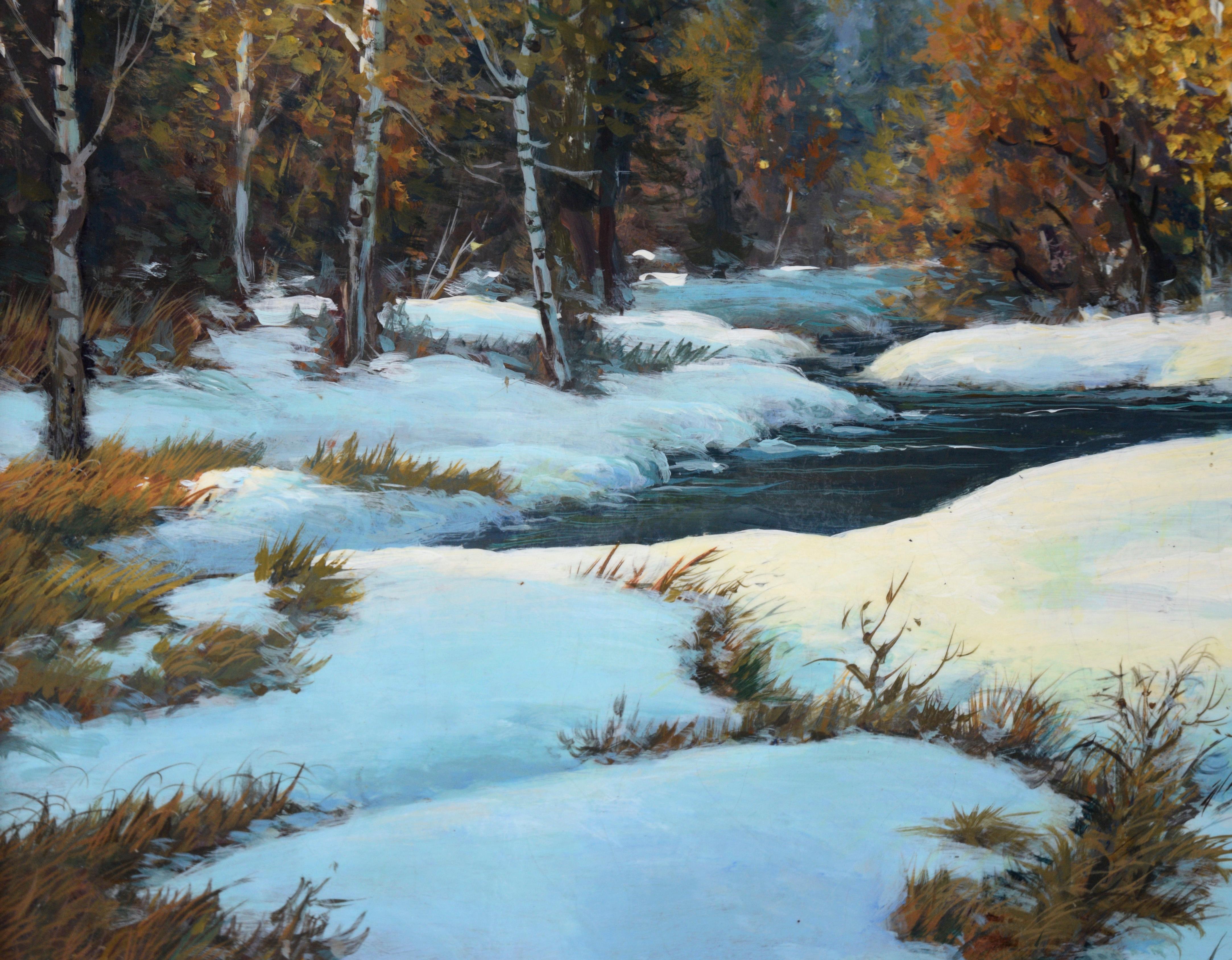Snowy Creek in Hope Valley - Landscape in Oil on Masonite - American Impressionist Painting by Dean Packer