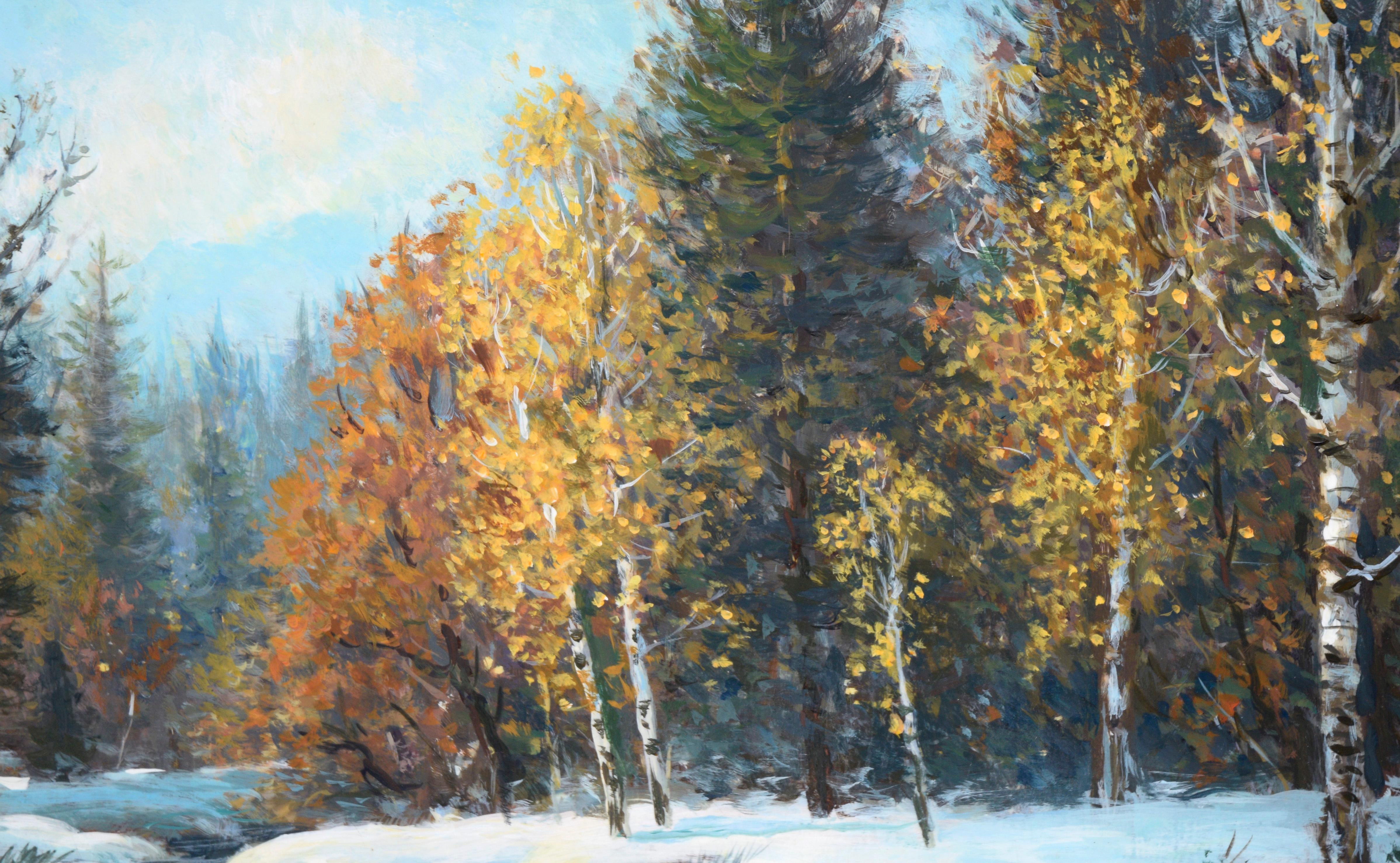 Snowy Creek in Hope Valley - Landscape in Oil on Masonite

Detailed winter scene by American artist Dean Packer (b. 1933). Light shines down on the snowy banks of a creek. The water flows through a forest with birch and evergreen trees. In the