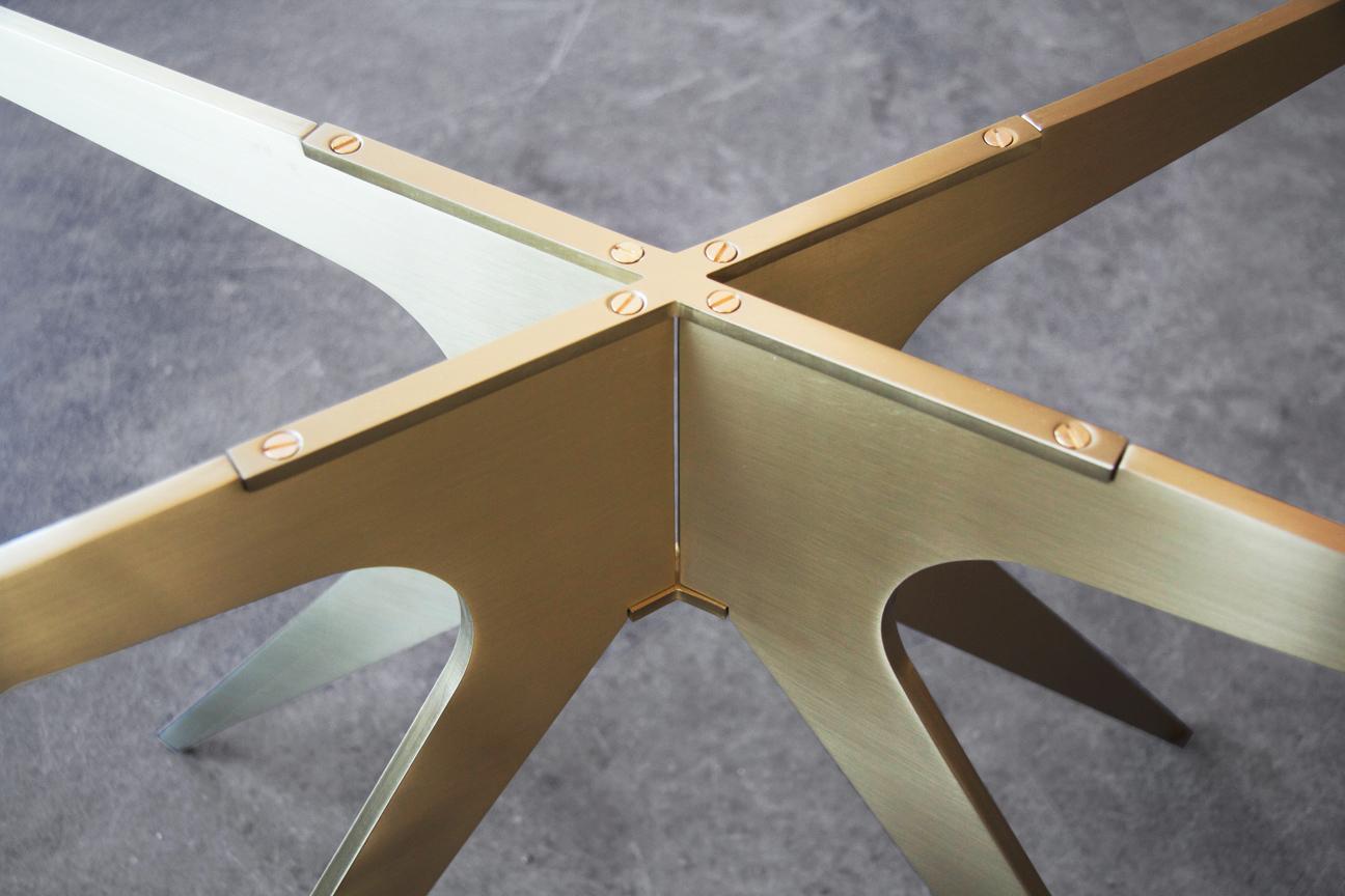 Modern Dean Rectangular Coffee Table with Brass Base and Glass Top by Gabriel Scott