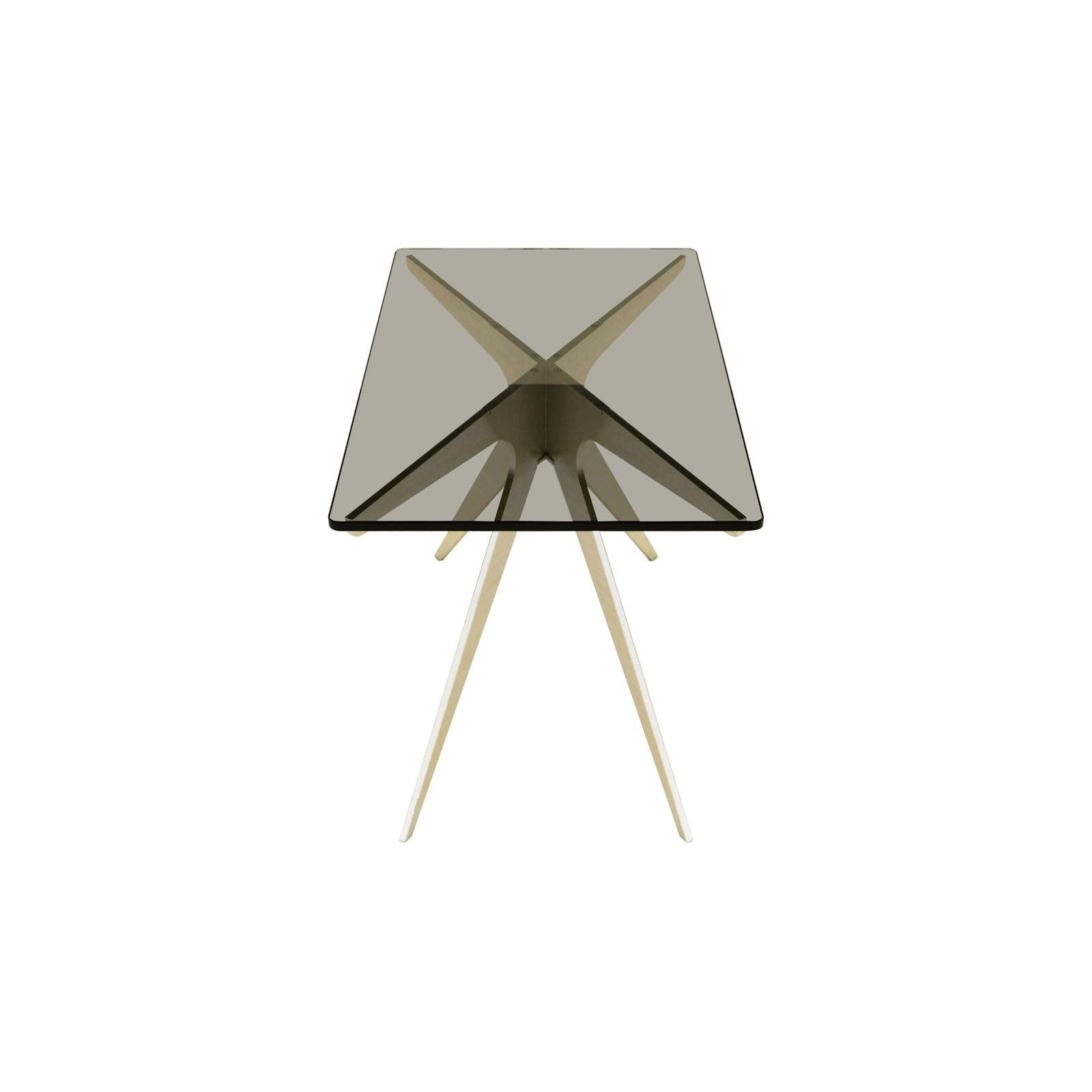 Gray (Smoked Glass) Dean Rectangular Side Table in Satin Brass Base and Glass Top by Gabriel Scott