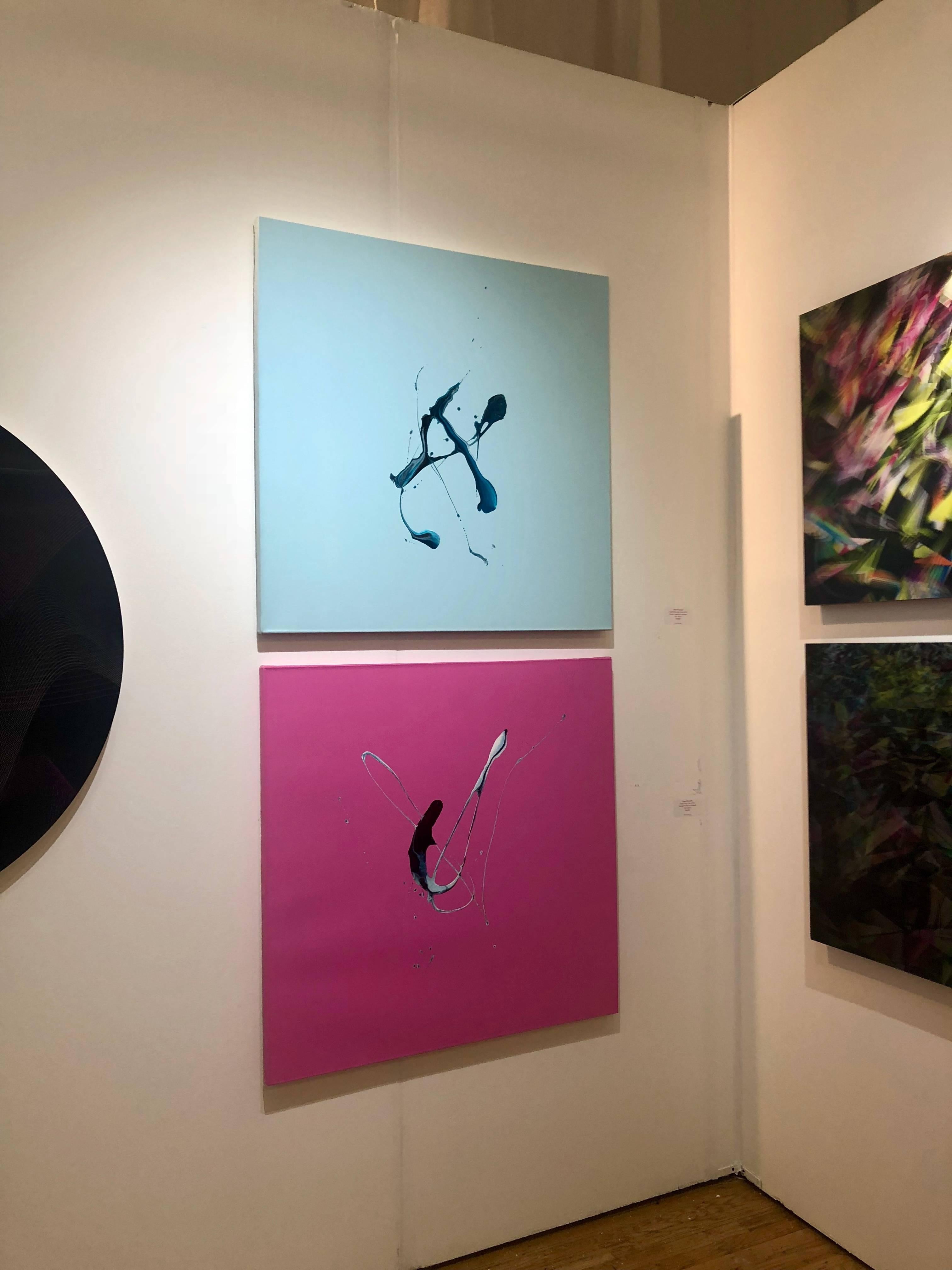 Abstract, contemporary minimalism painting. Baby blue, hand-made imitation of digital drawing. 
Acrylic and mixed media on canvas, signed on the back. 
London-based young artist with growing popularity on the Asian market. 
First time in the