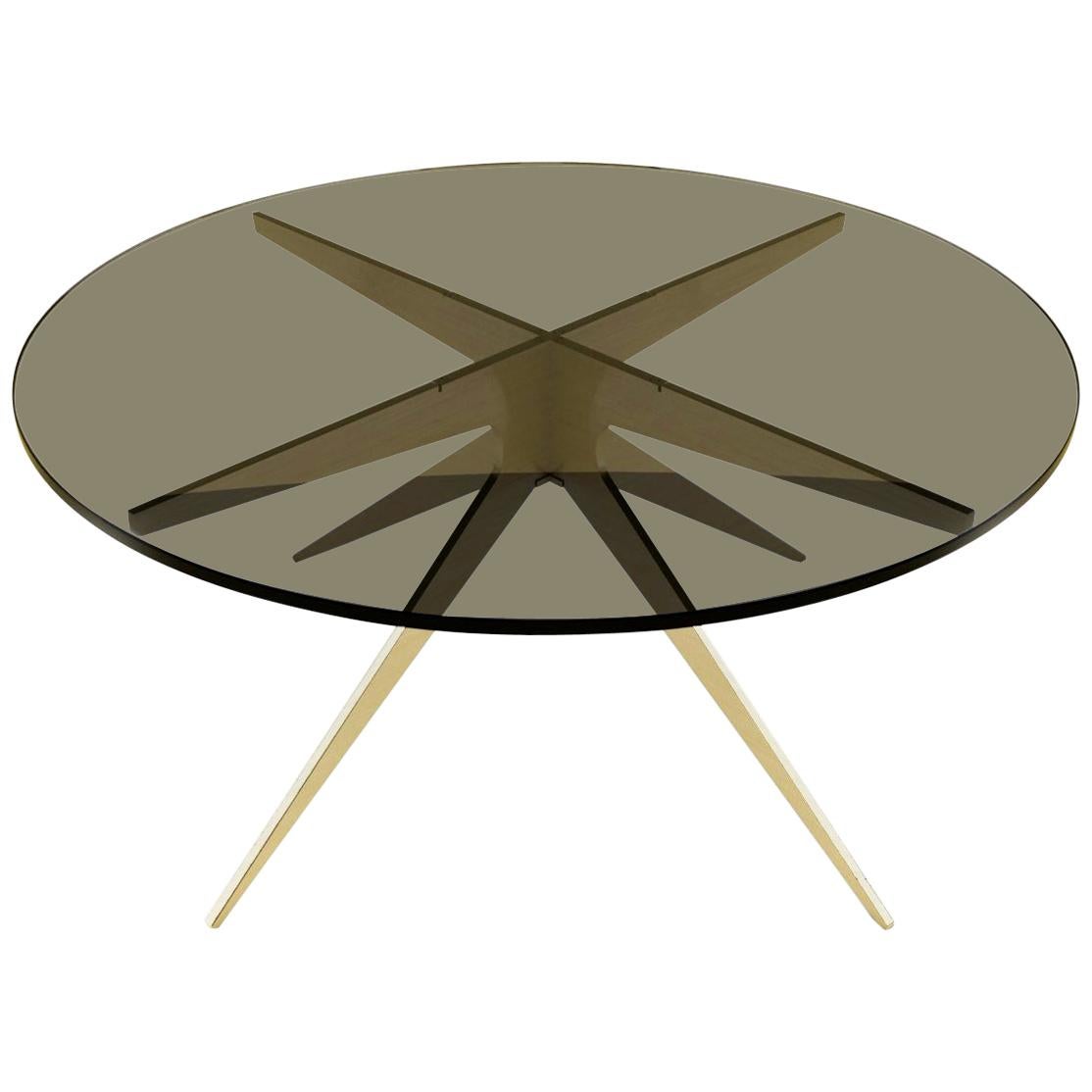 Brown (Bronzed Glass) Dean Round Coffee Table in Satin Brass Base with Glass Top by Gabriel Scott