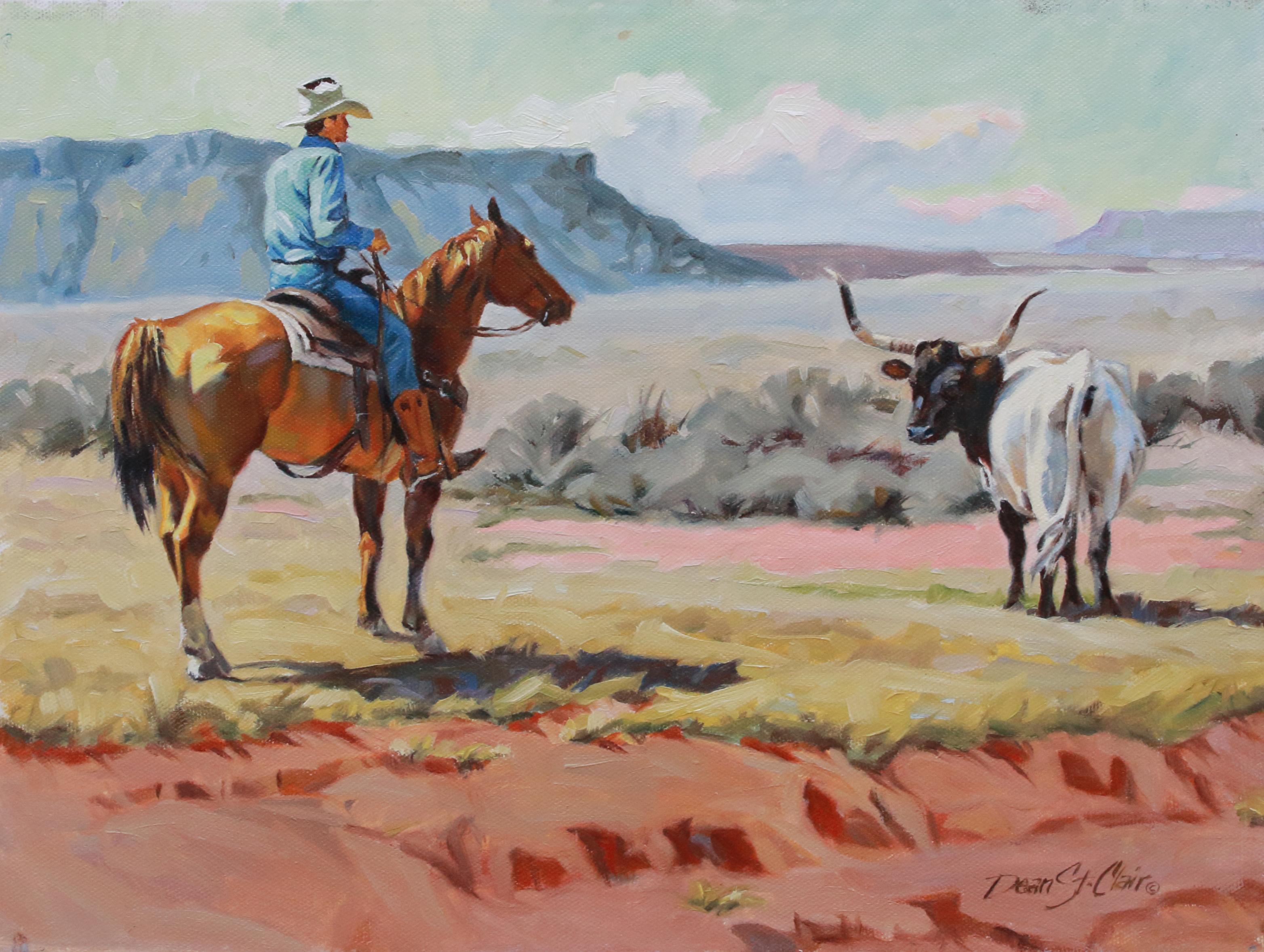 Cowboy und Longhorn (Impressionismus), Painting, von Dean St. Clair