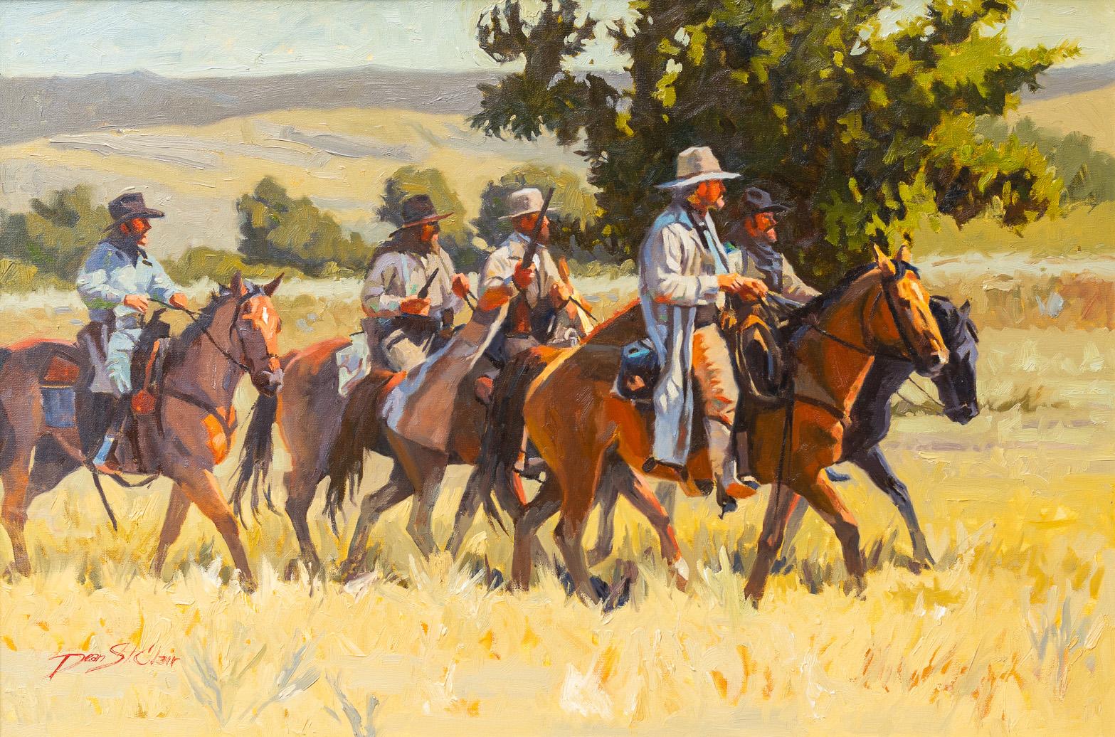 Dean St. Clair Figurative Painting - "The Tough Bunch" Cowboy Posse Scene