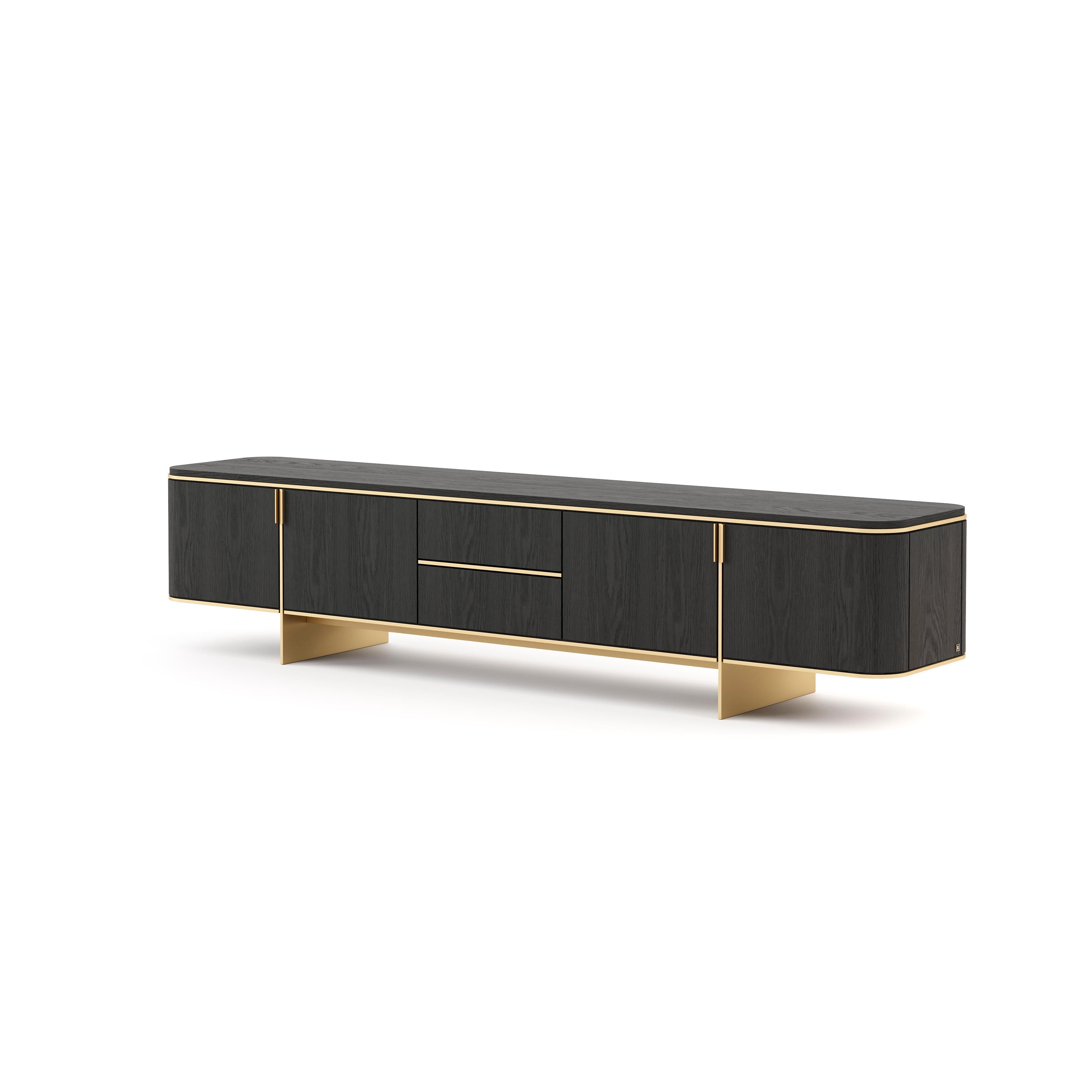 The Dean TV cabinet is a mid-century piece that exhales charm. The golden stainless steel brings a luxury touch to this piece and creates a balanced contrast with the dark wood.

* Available in different finishes.
** Other custom sizes upon