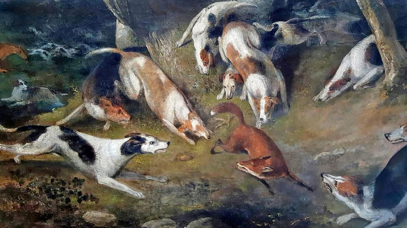 Hunting Scene with dogs attacking a fox (Alte Meister), Painting, von Dean Wolstenholme the Elder
