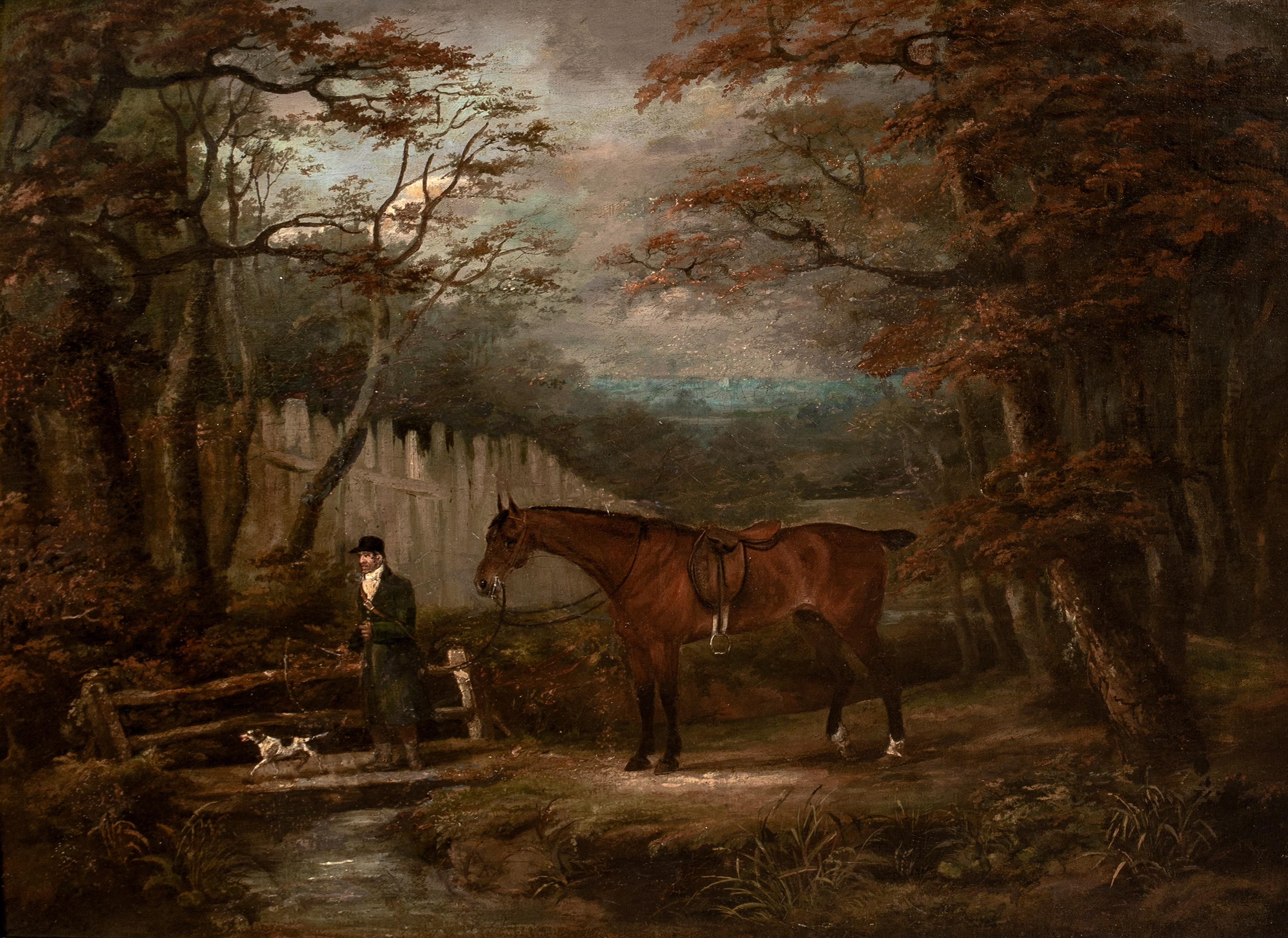 The Dismounted Hunter, Sir William Rowley, circa 1800 - Brown Animal Painting by Dean Wolstenholme the Elder