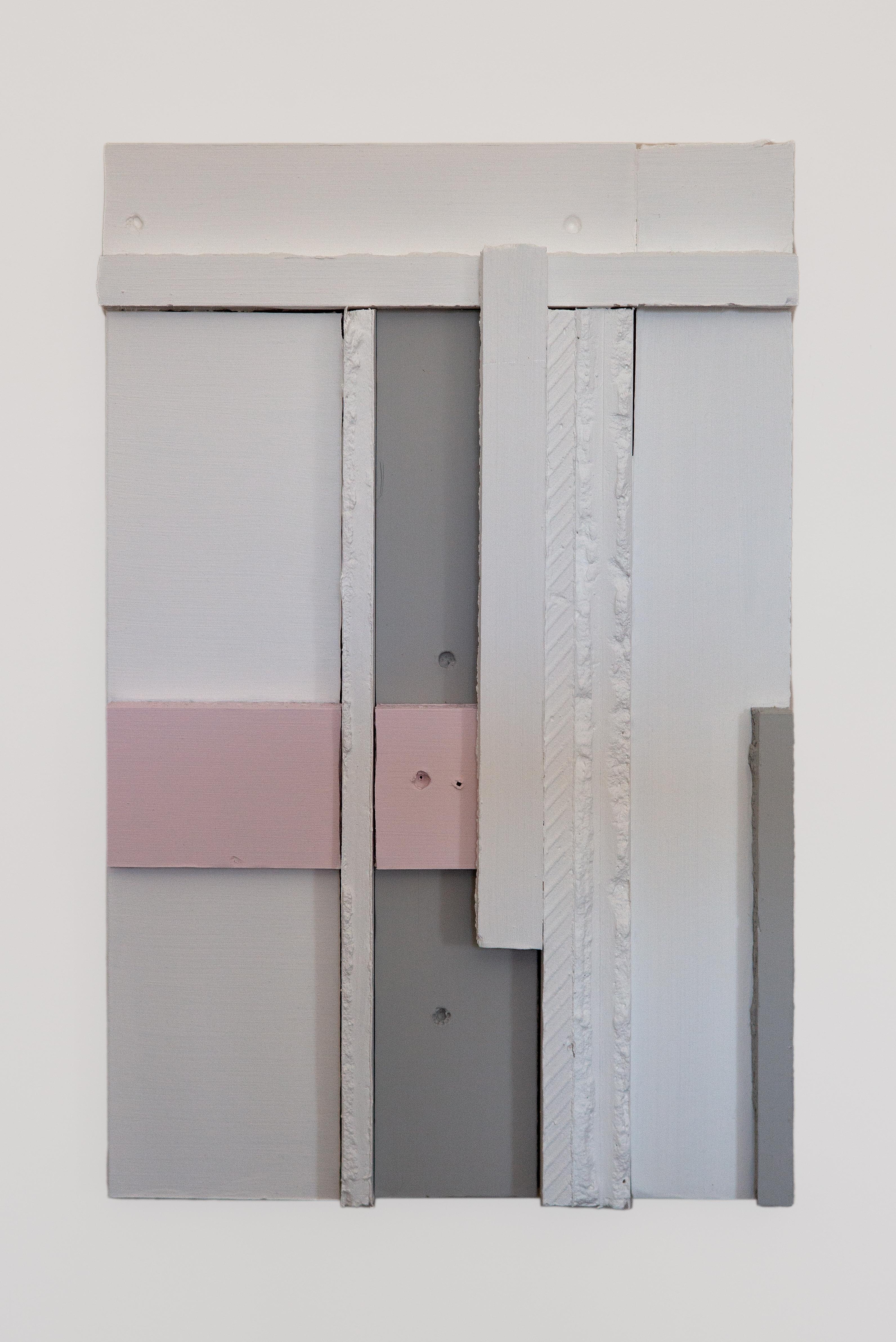 "CNC 34" Wall sculpture- tan, wood, modernism, mid century, pink, blue, grey - Mixed Media Art by Deane Hodgson