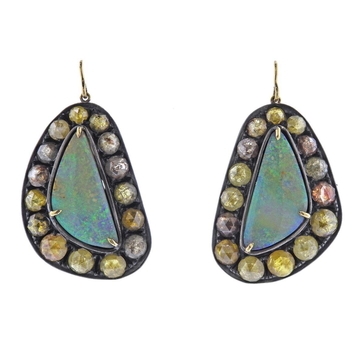 Rose Cut Deanna Hamro Gold Silver Boulder Opal Diamond Earrings For Sale