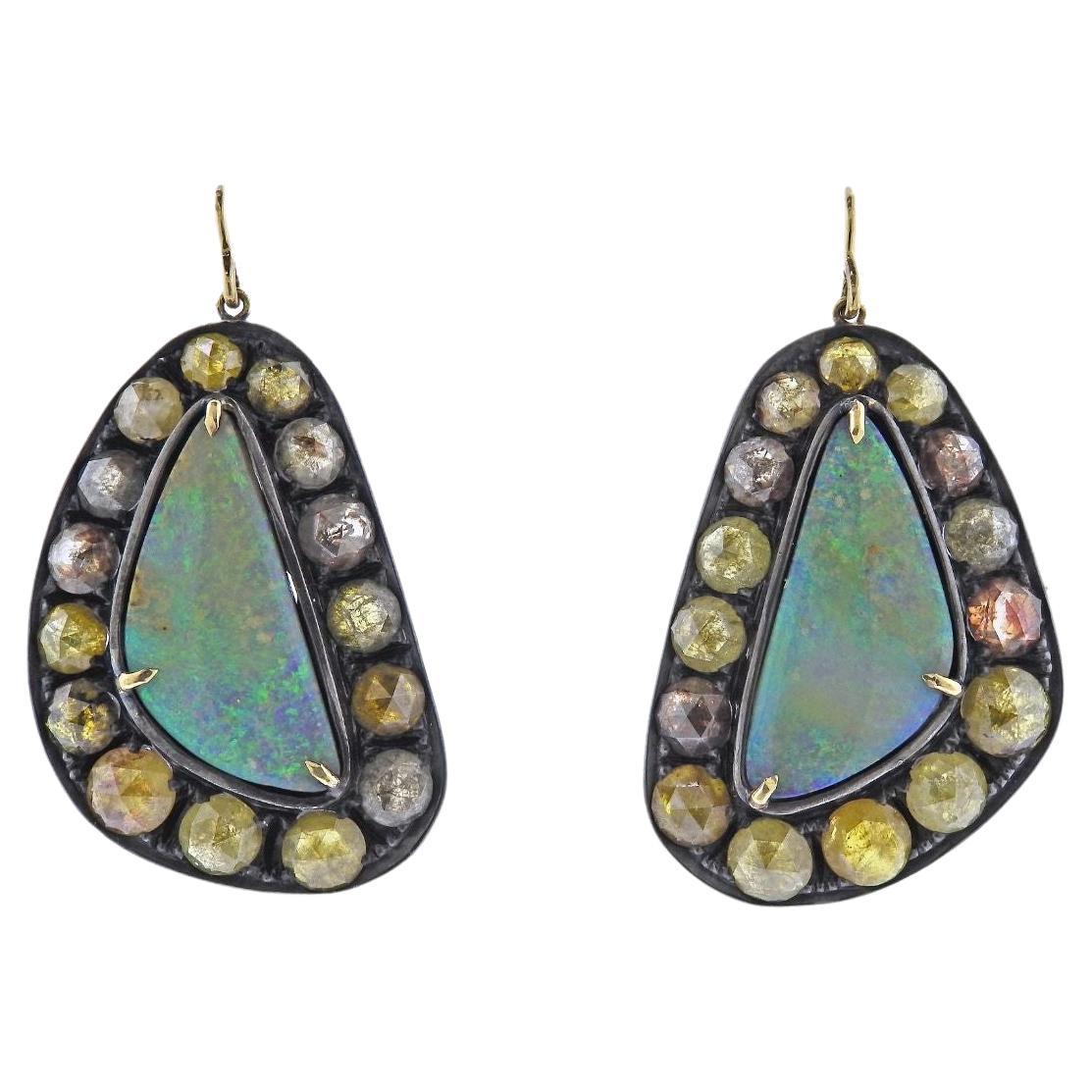Deanna Hamro Gold Silver Boulder Opal Diamond Earrings For Sale