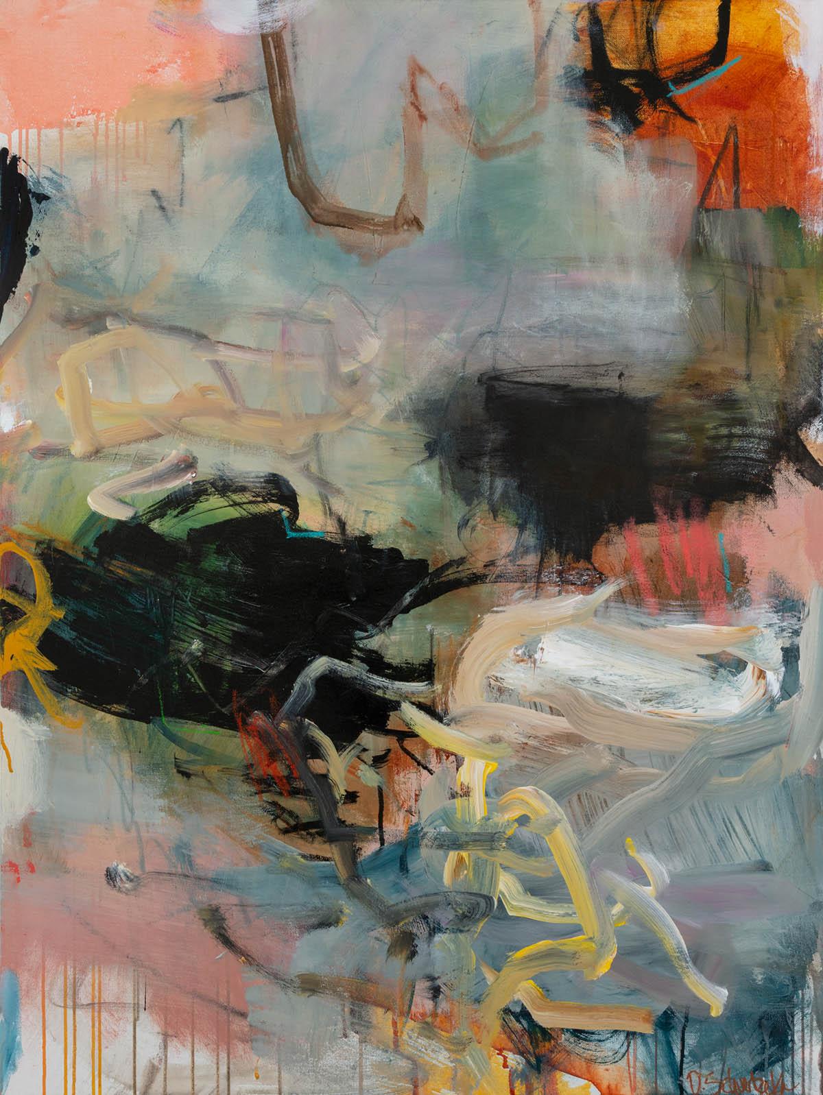 Exhale - Pintura abstracta contemporánea en rosa, beige, negro y verde azulado